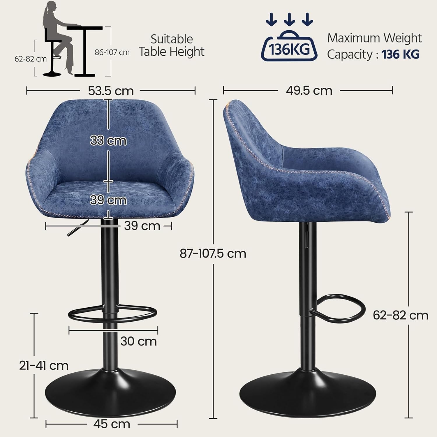 Adjustable Swivel Bar Stools Set of 2 Blue Faux Leather Chairs