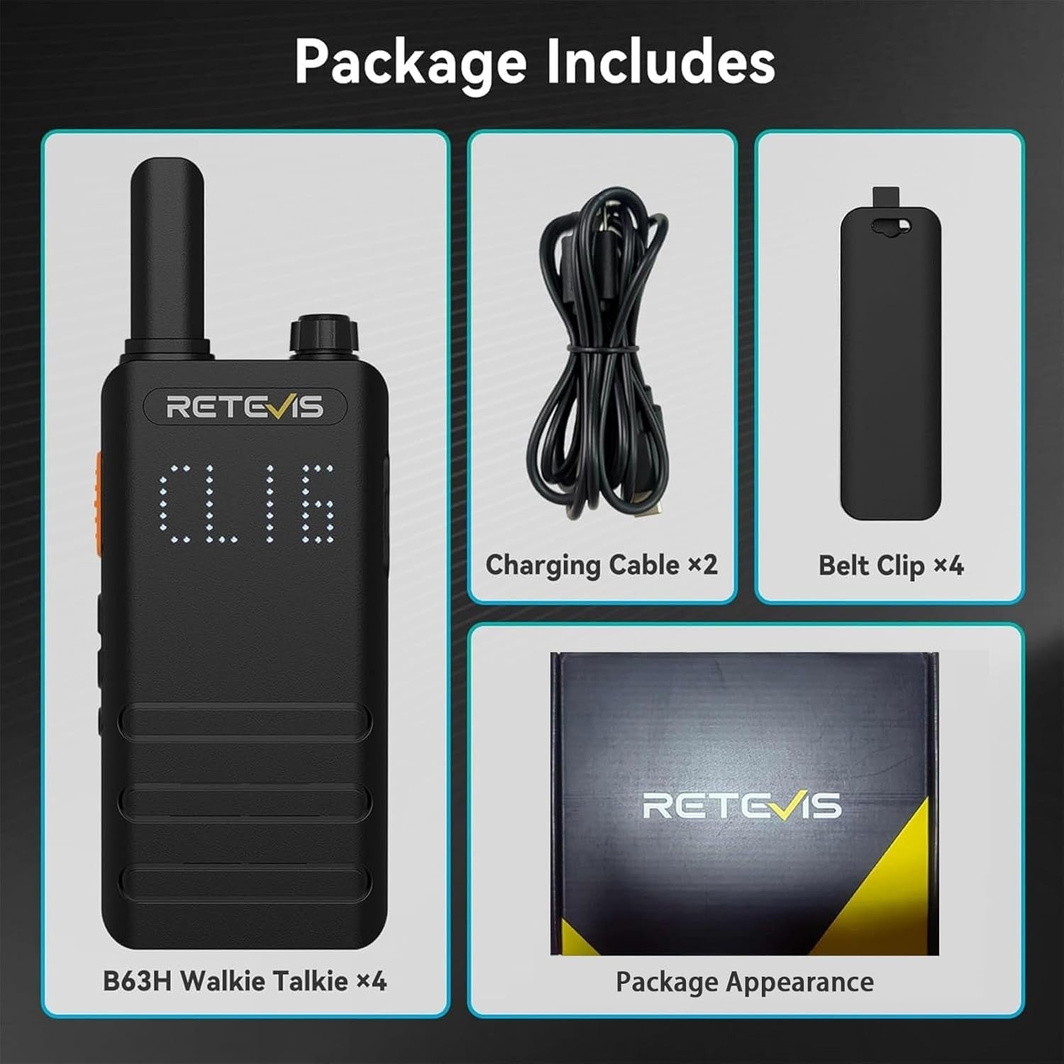 Slim Walkie Talkies 4 Pack Screen VOX USB-C PMR446 Business Radio