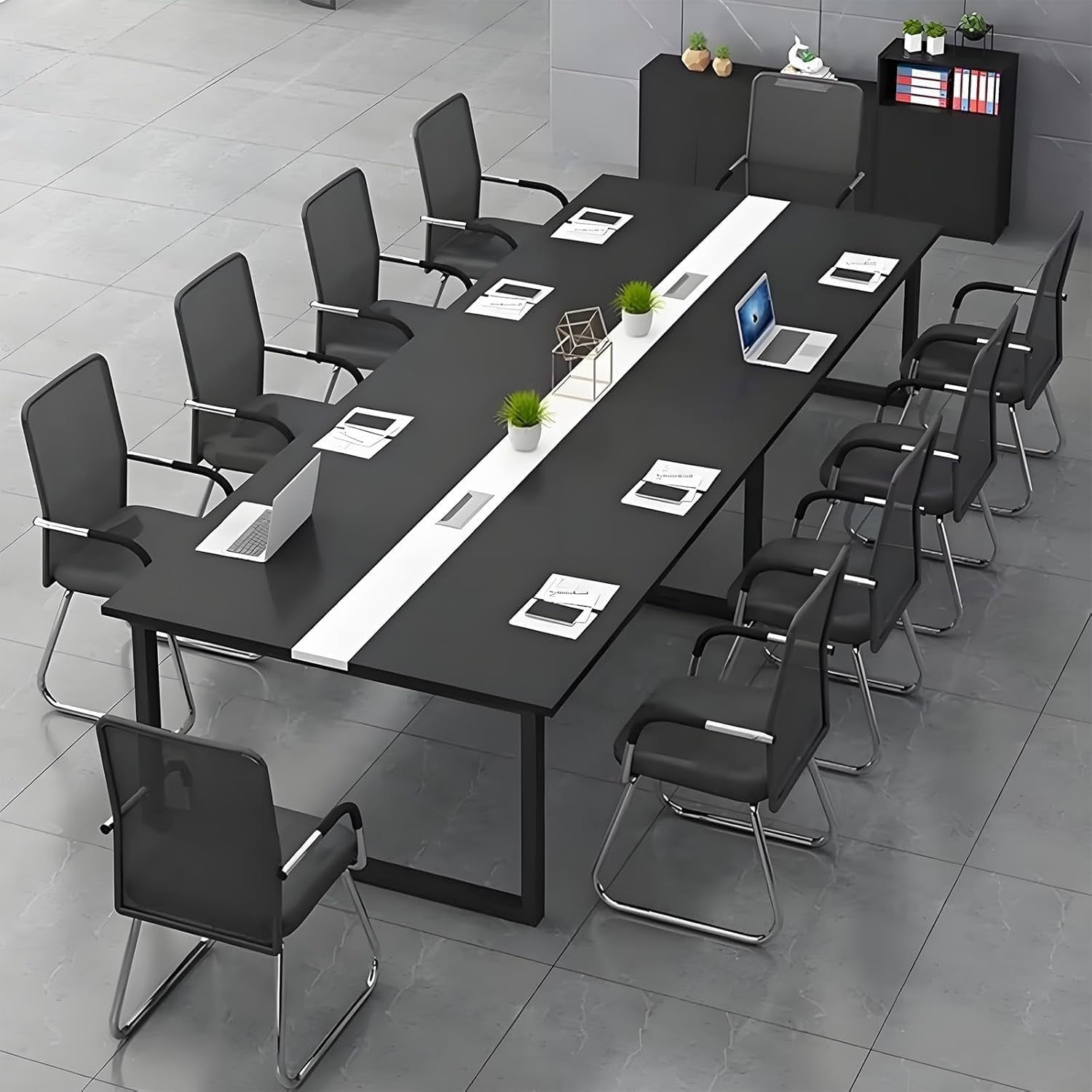 200x100cm Black/White Conference Table w/ Cable Ports & Adjustable Feet