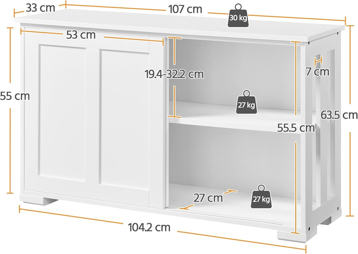 Set of 2 White Sideboard Buffet Cabinets | Sliding Door Storage Units with Shelv