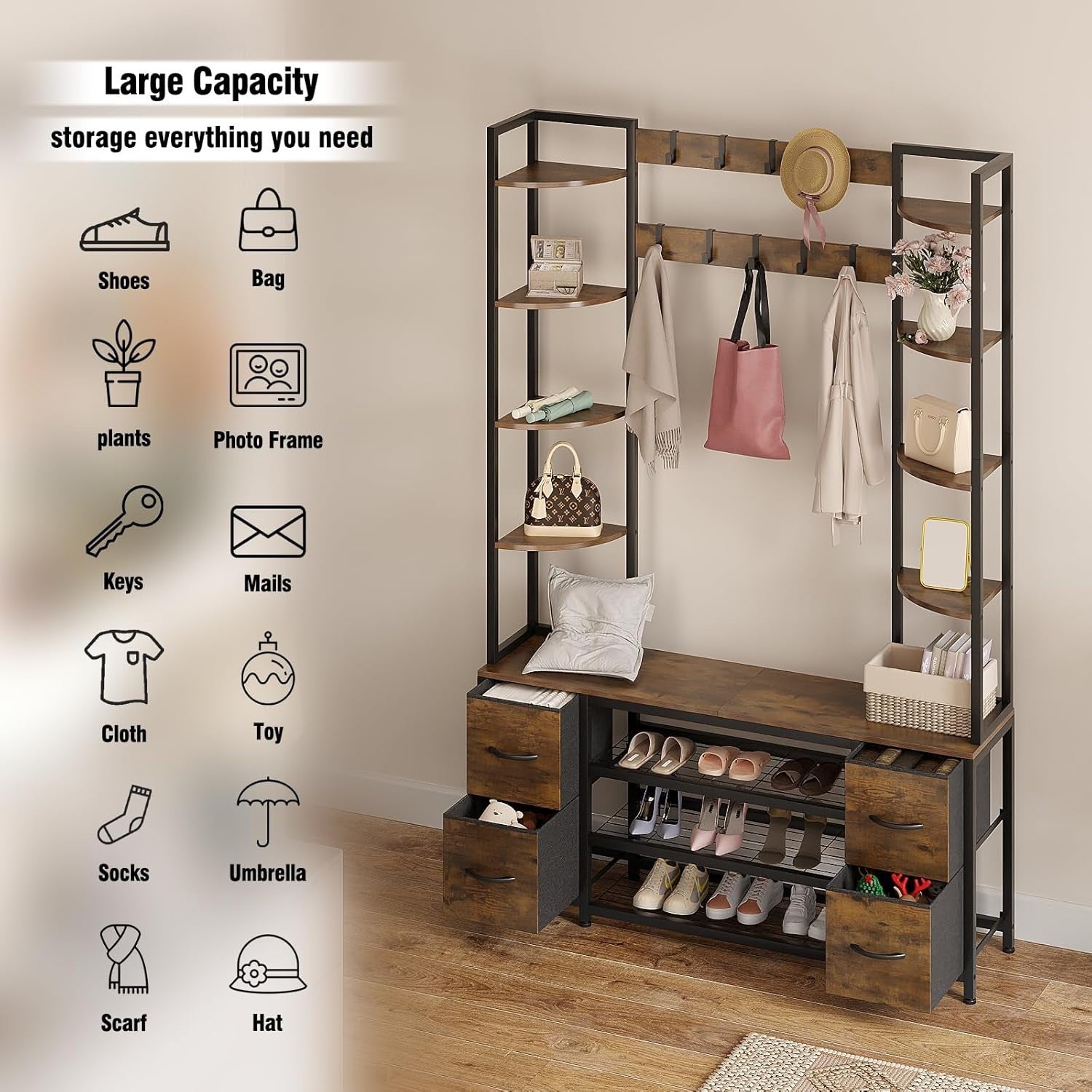 Large 5-in-1 Hall Tree Bench Coat Rack Shoe Storage Drawers Shelves 120x180cm