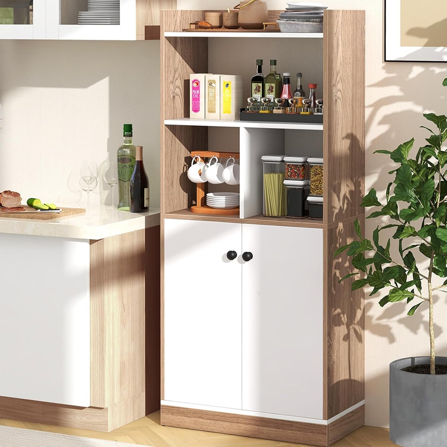 Wooden 4-Tier Bookcase with Cabinet, Freestanding Storage Shelf Unit 140cm Tall