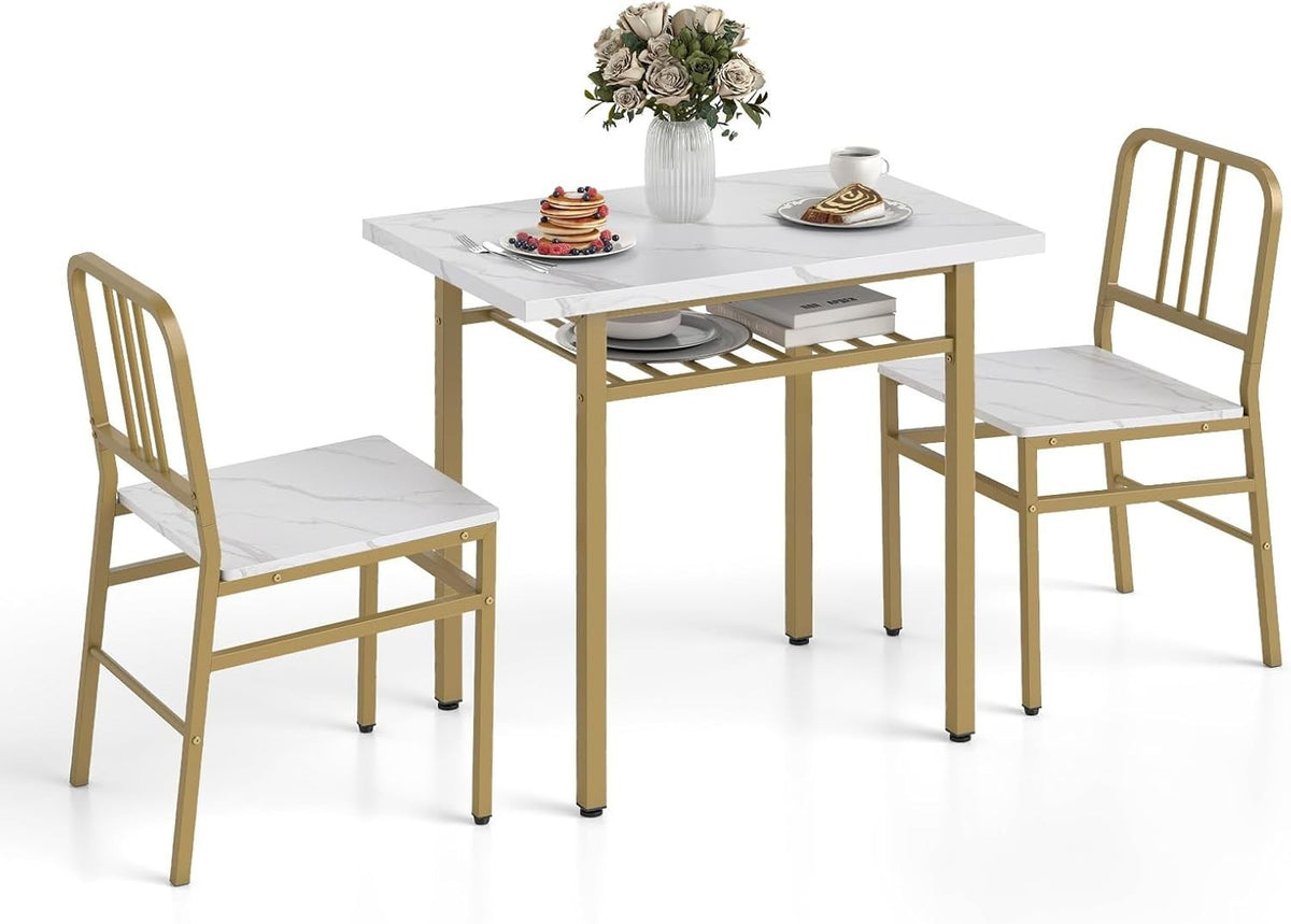 3 Piece Space-Saving Dining Table Set with Storage Rack & Gold Metal Legs
