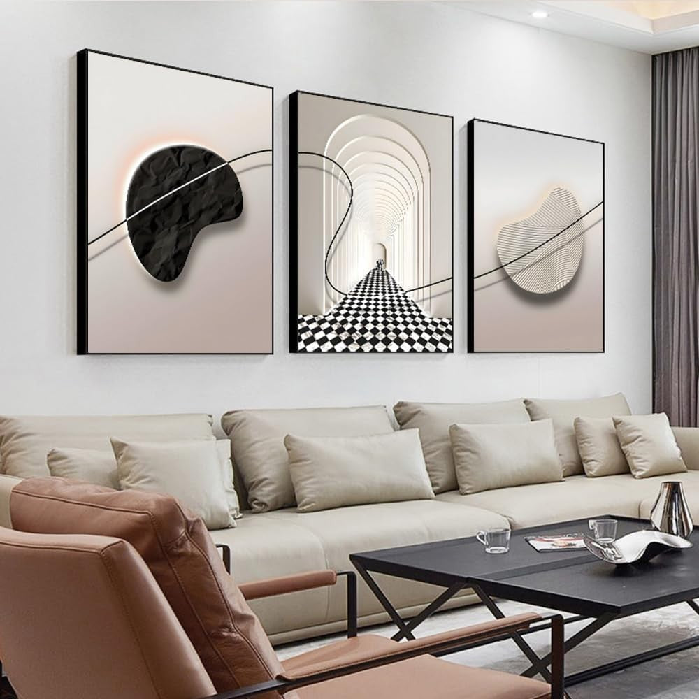 Large Black & White Abstract Framed Wall Art Set 3 Panels 24x32 in