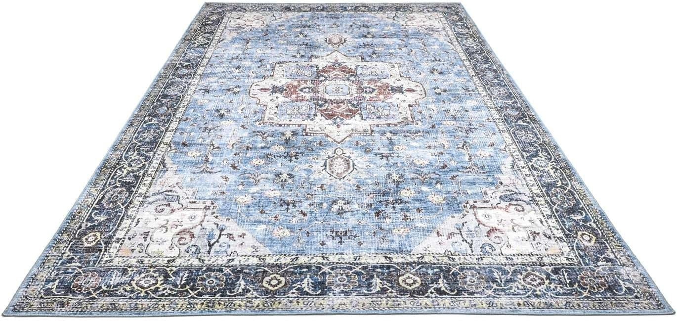 Large Oriental Area Rug 300x500cm Blue Multi Low Pile Machine Washable