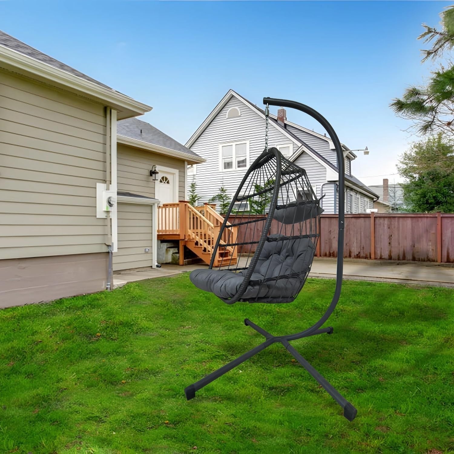 Light Grey Rattan Hanging Egg Chair with Stand | Indoor Outdoor Foldable Swing