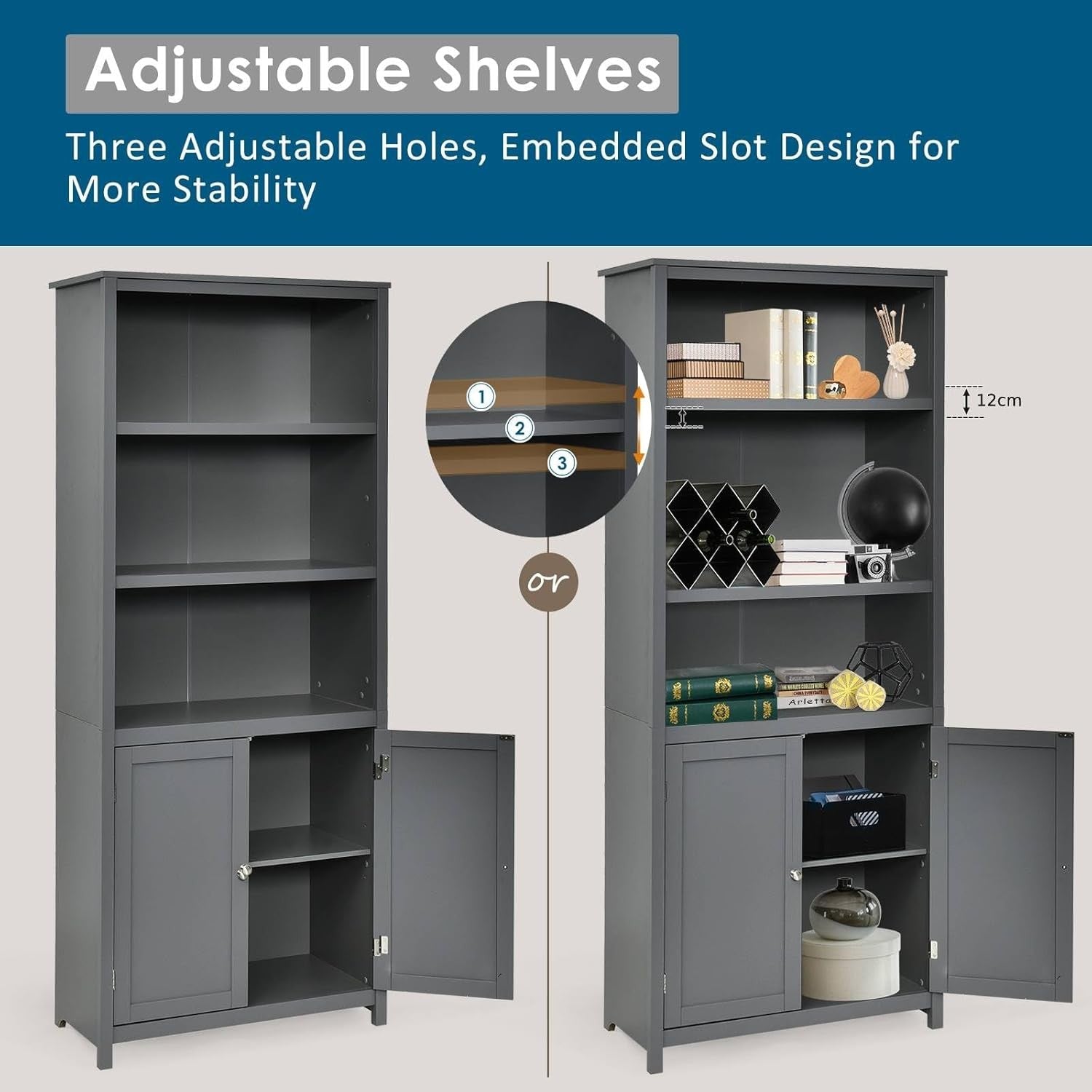 Grey 5-Tier Bookcase with Doors, Adjustable Shelves, Tall Freestanding Storage