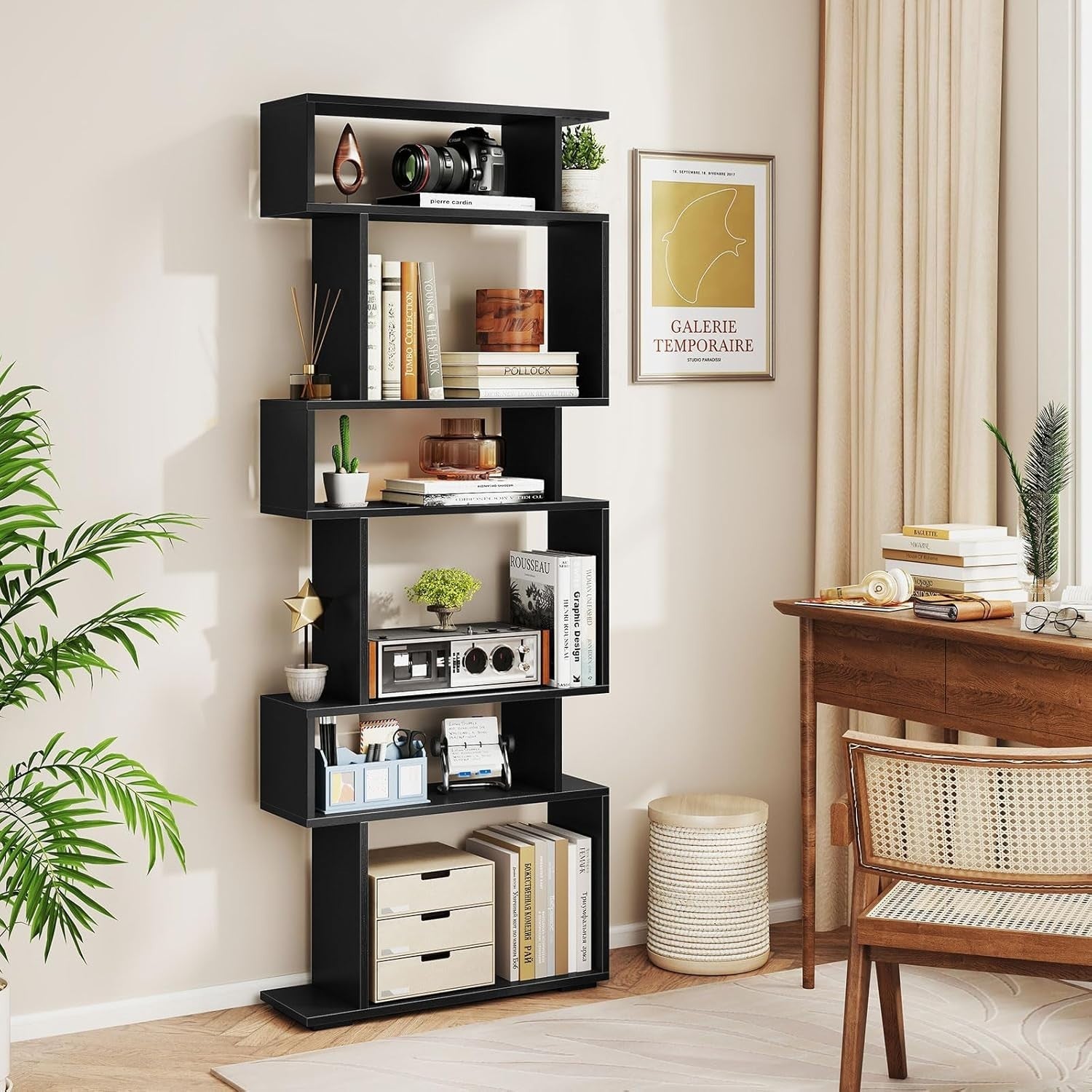 6-Tier S-Shaped Bookshelf Ladder Shelf Black 163x60x20cm with Anti-Tip Kits