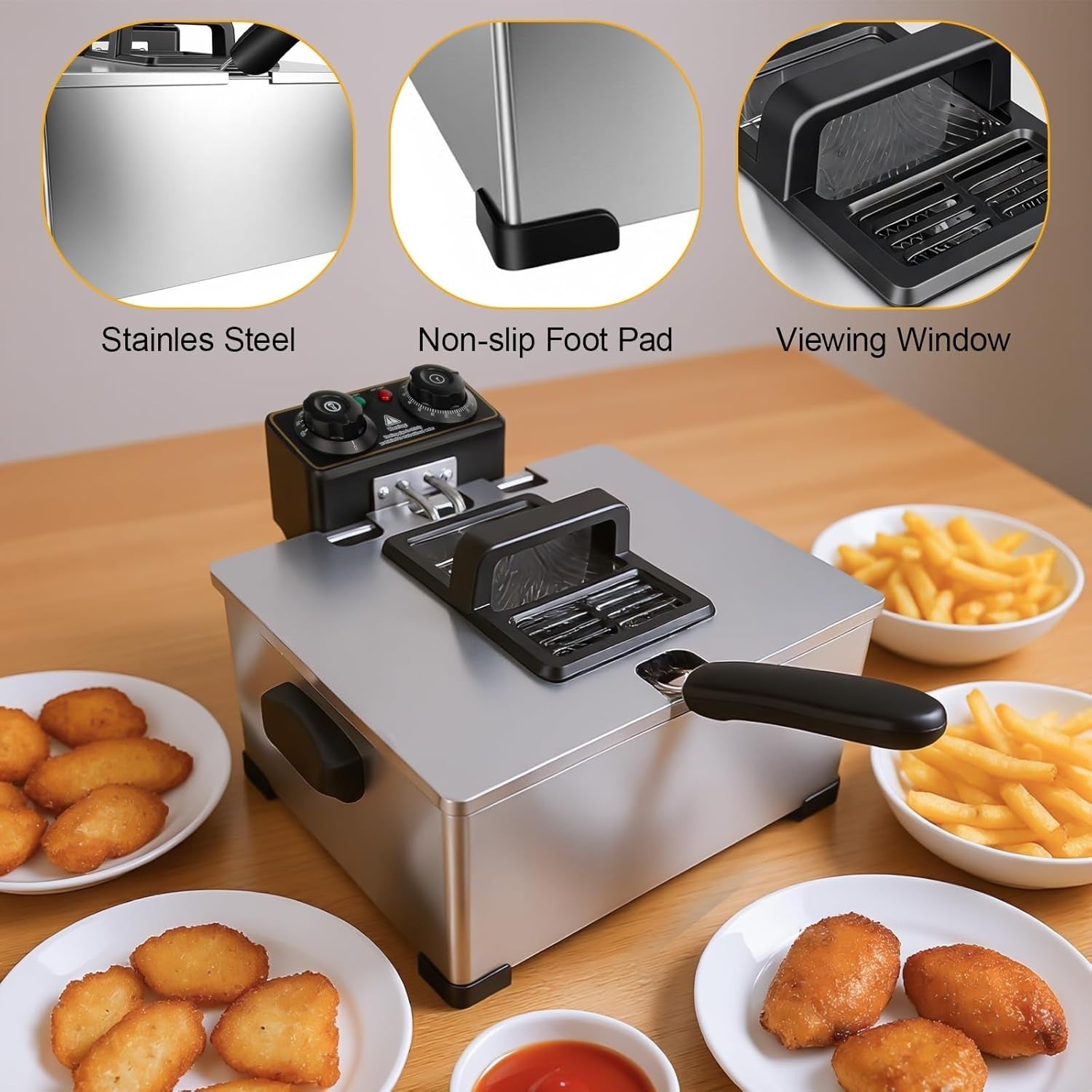 5L Deep Fat Fryer Stainless Steel 2000W Adjustable Temp Viewing Window