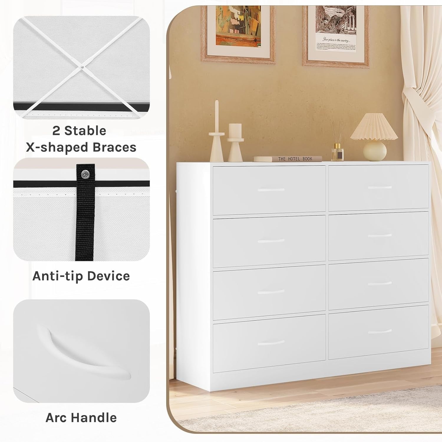 8 Drawer White Storage Chest Fabric Drawers Bedroom Hallway Cabinet 108cm
