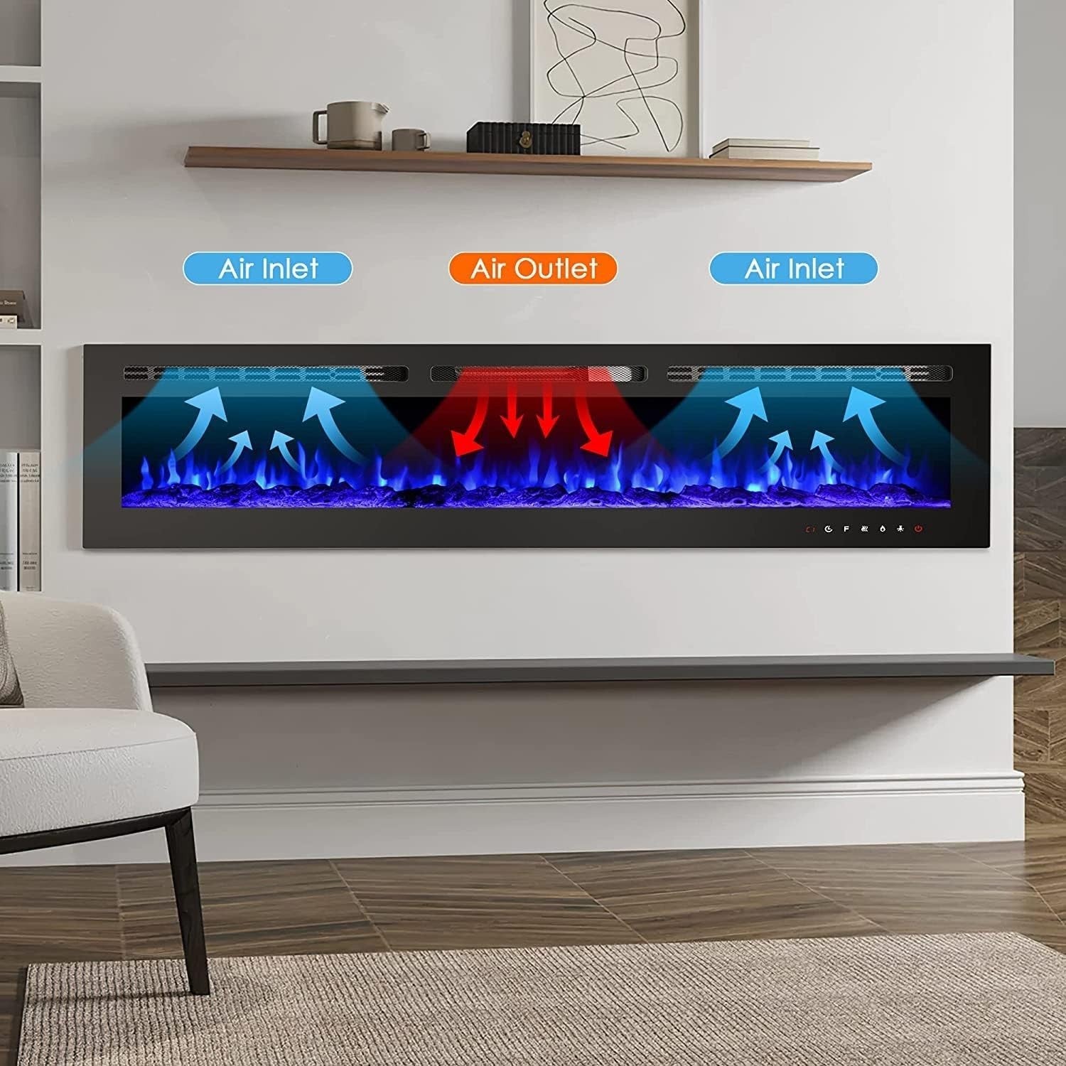 Electric Wall-Mounted Fireplace Heater 1800W Touch Screen Flame Effect
