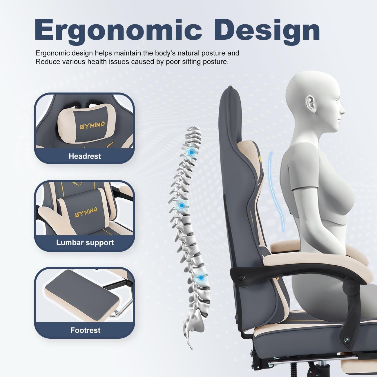 Ergonomic Gaming Chair Recliner w/ Footrest Lumbar PU Leather Grey