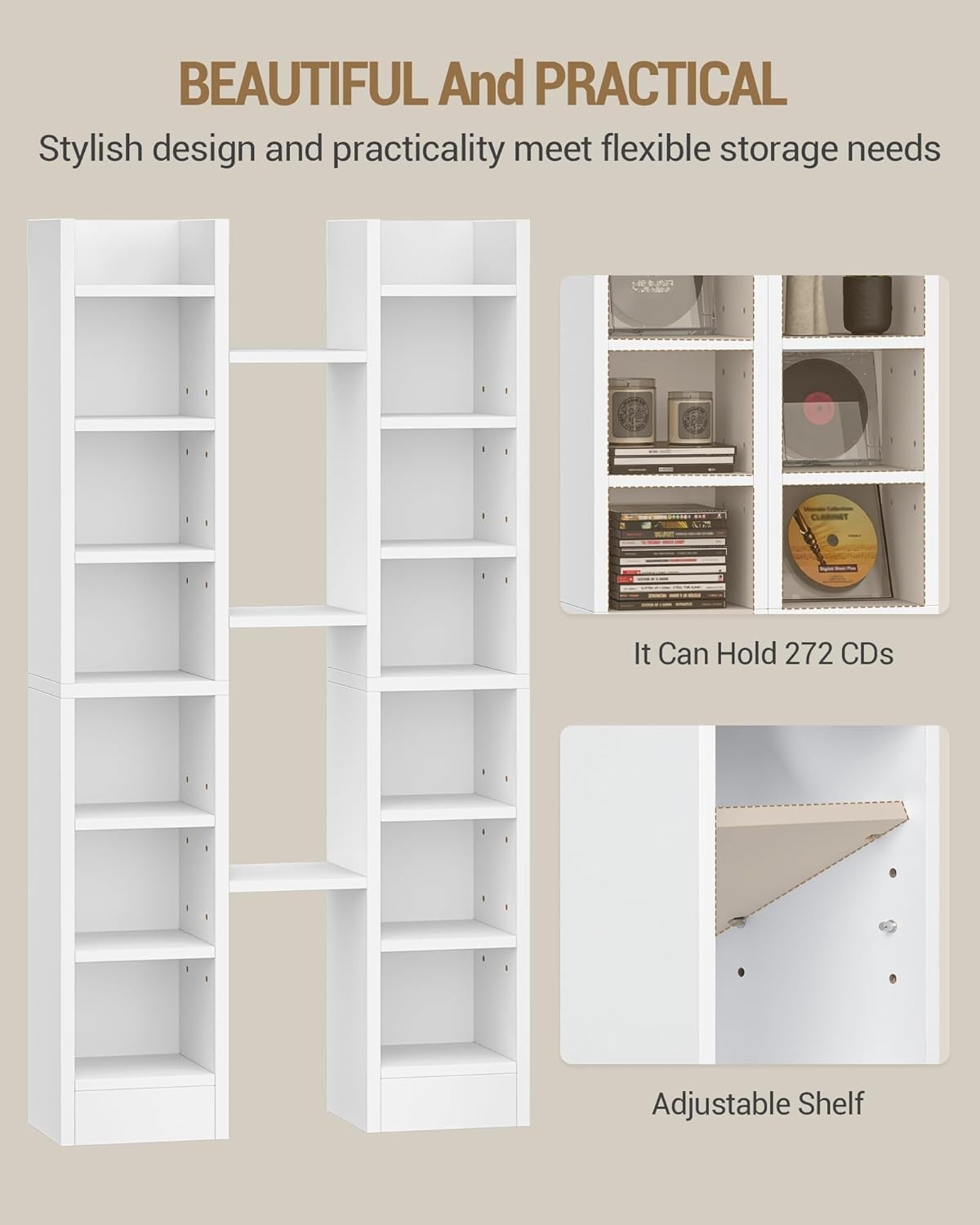 CD DVD Storage Tower 14 Shelf Media Rack Adjustable Bookcase White