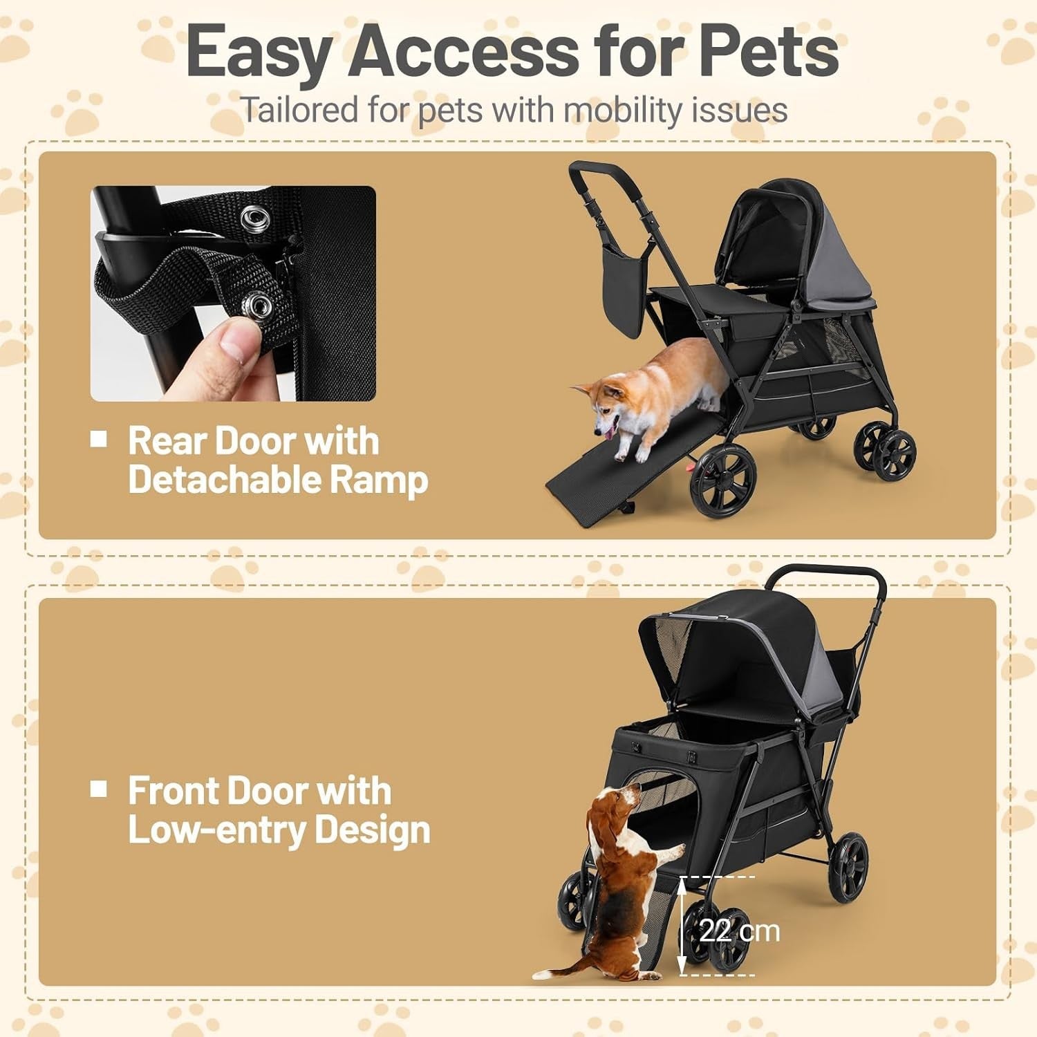 Foldable Dog Stroller Pet Pushchair Ramp Entry 4 Wheel Travel Buggy