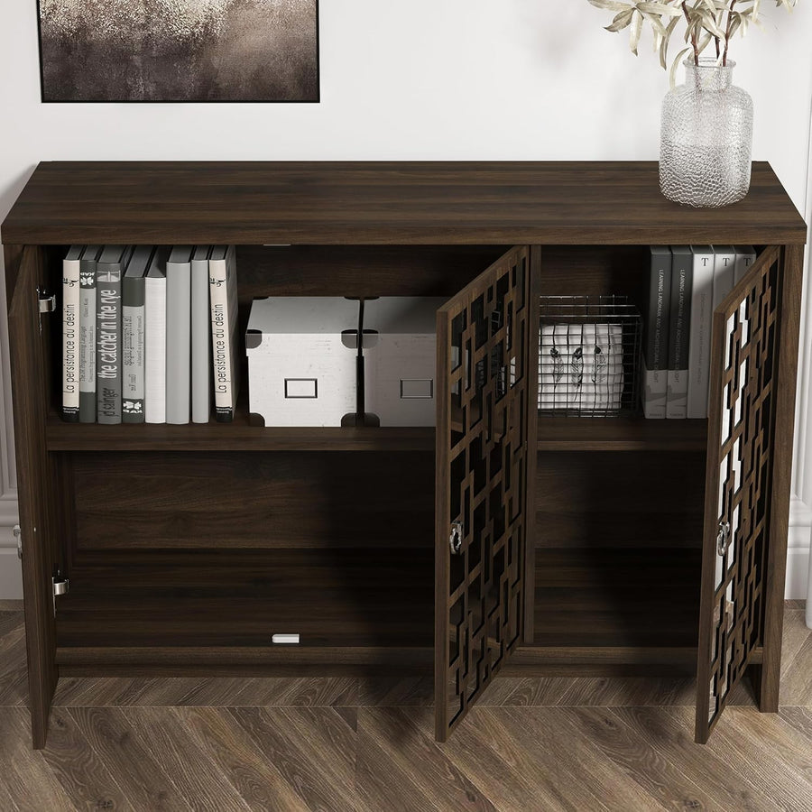 Mirrored Sideboard 3 Door Walnut Storage Cabinet Modern Hallway