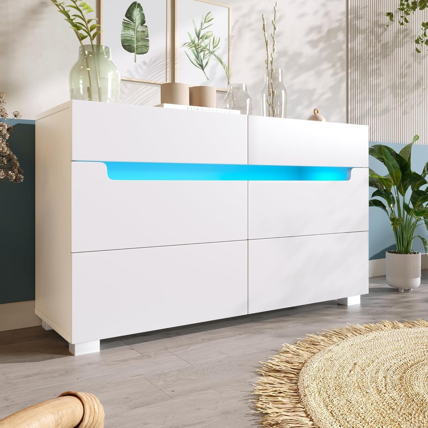 Modern White Sideboard Cabinet 6 Drawers RGB LED Storage Dresser Floor Mount