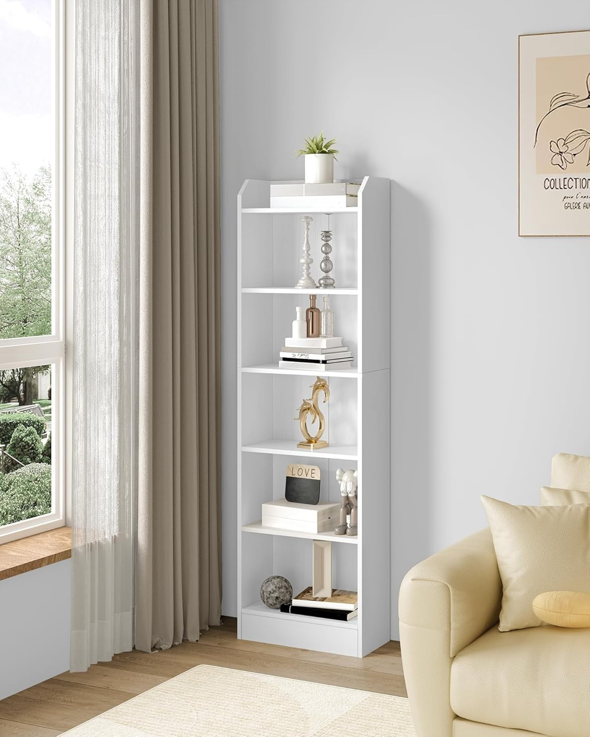 6 Tier Tall Bookcase White Wooden Adjustable Shelf Wide Storage Unit