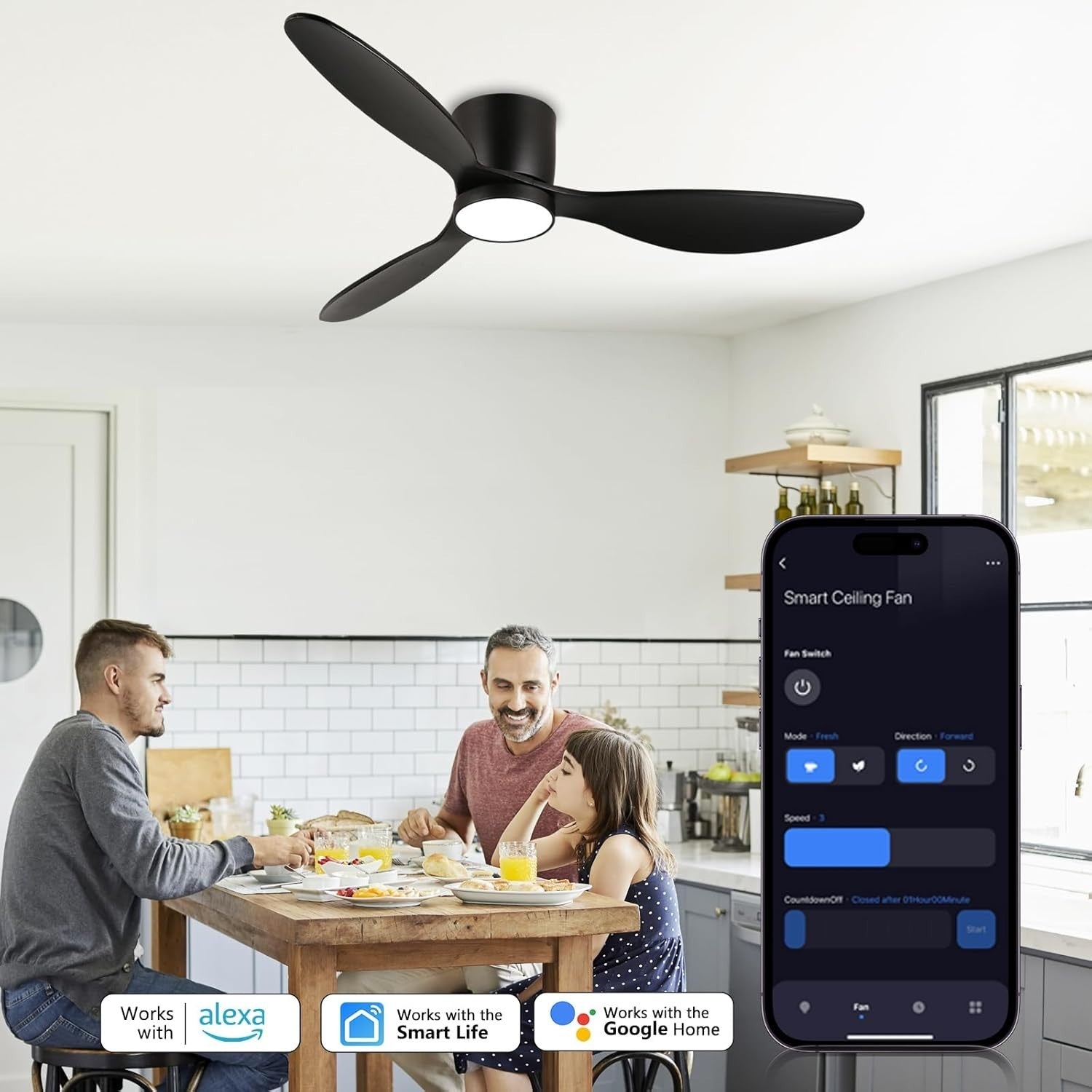 132cm Flush Mount Ceiling Fan LED Light App Remote Dimmable