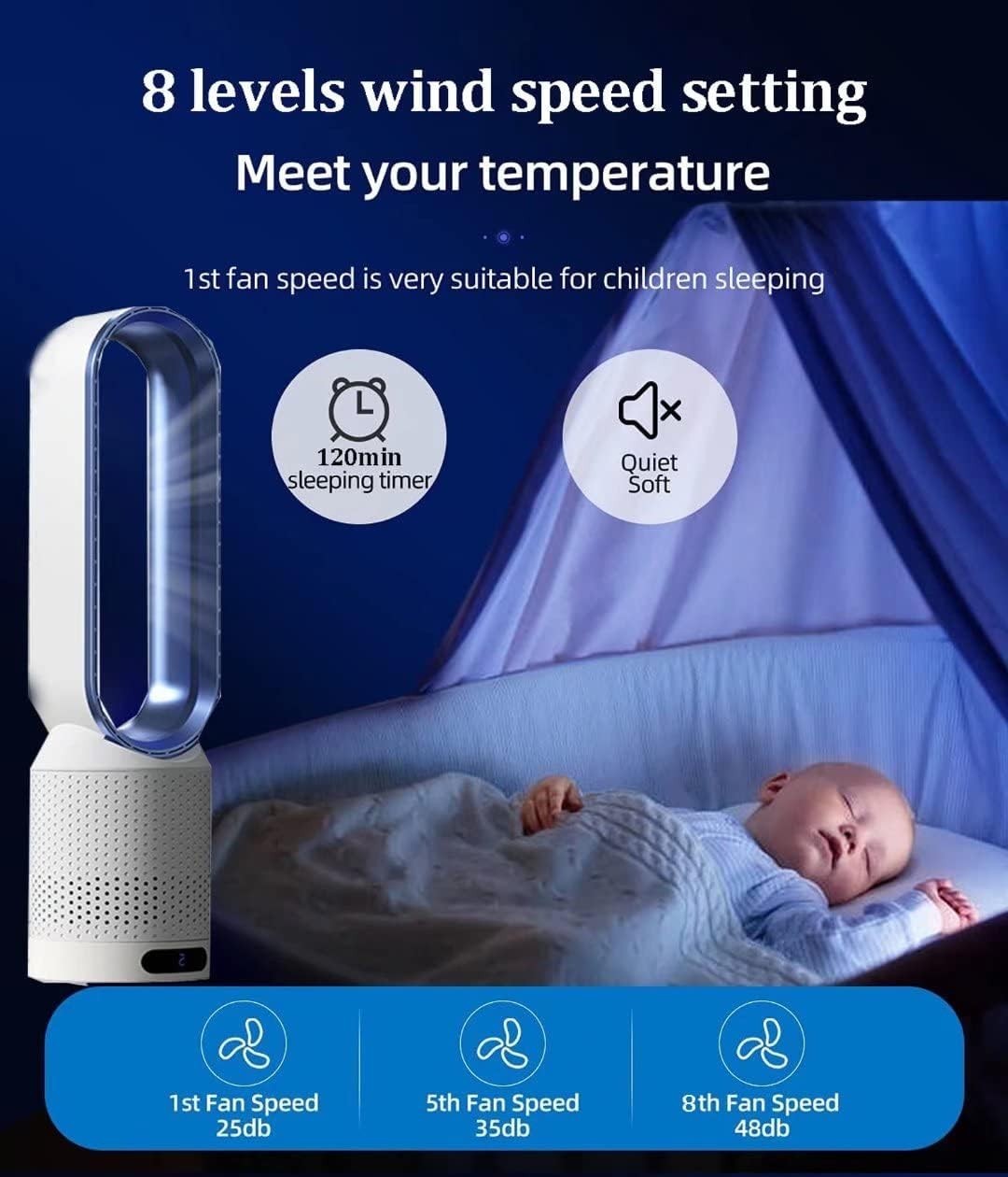 Bladeless Tower Fan 2-in-1 Air Purifier 8-Speed LED Touch Remote Control Blue
