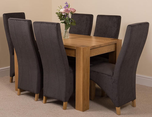 6 Seater Oak Dining Table & Chairs Set Dark Grey Fabric 125x80cm Modern