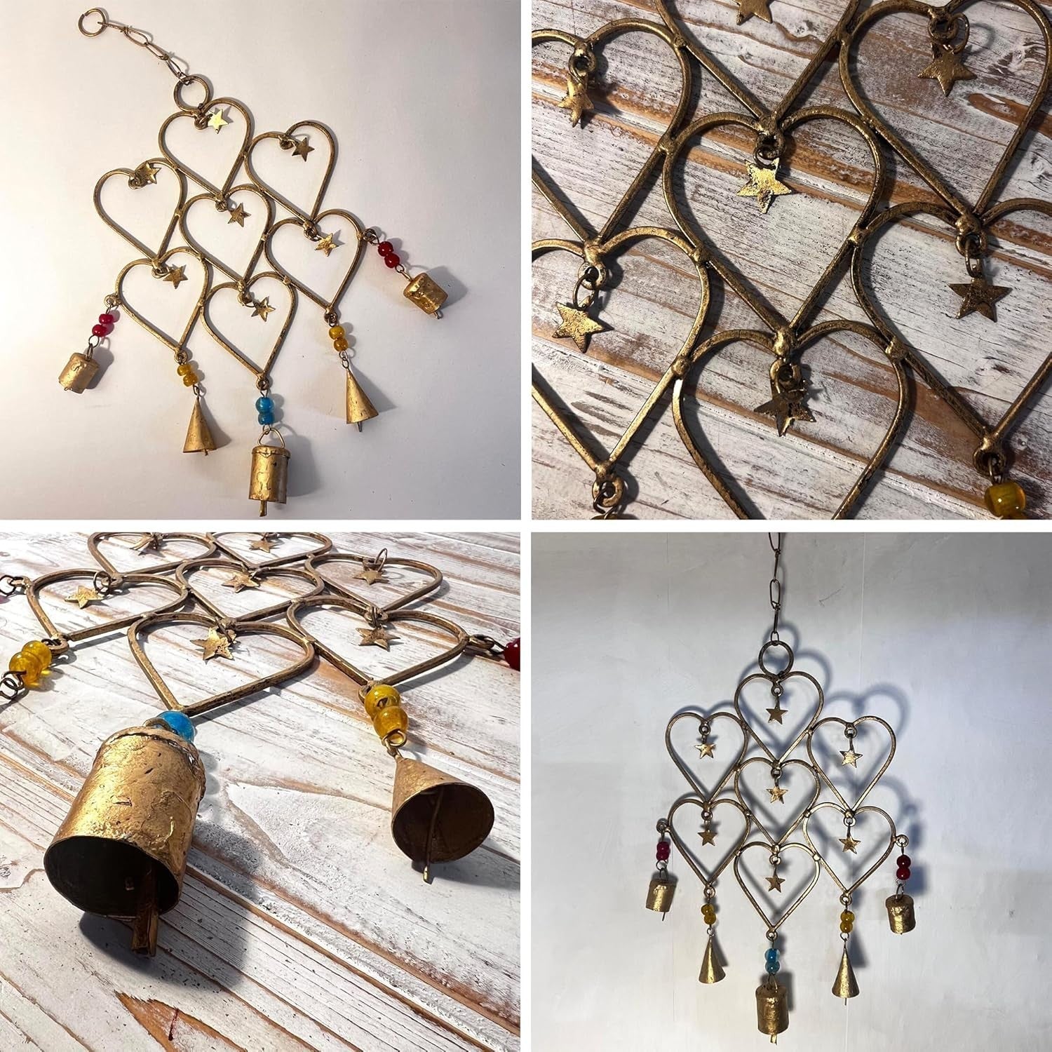 Heart & Stars Metal Windchime Garden Ornament | Distressed Boho Hanging Decor
