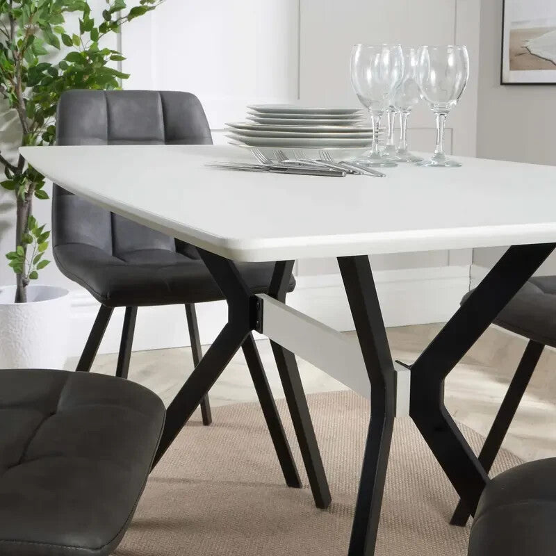 4 Seater Dining Table Set White Top with Grey Fabric Chairs Metal Legs