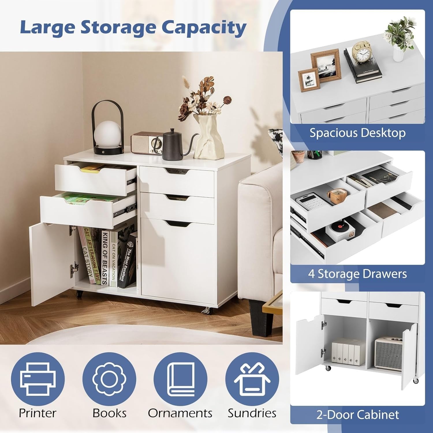 White 4 Drawer Mobile File Cabinet 73x40x64cm Printer Stand