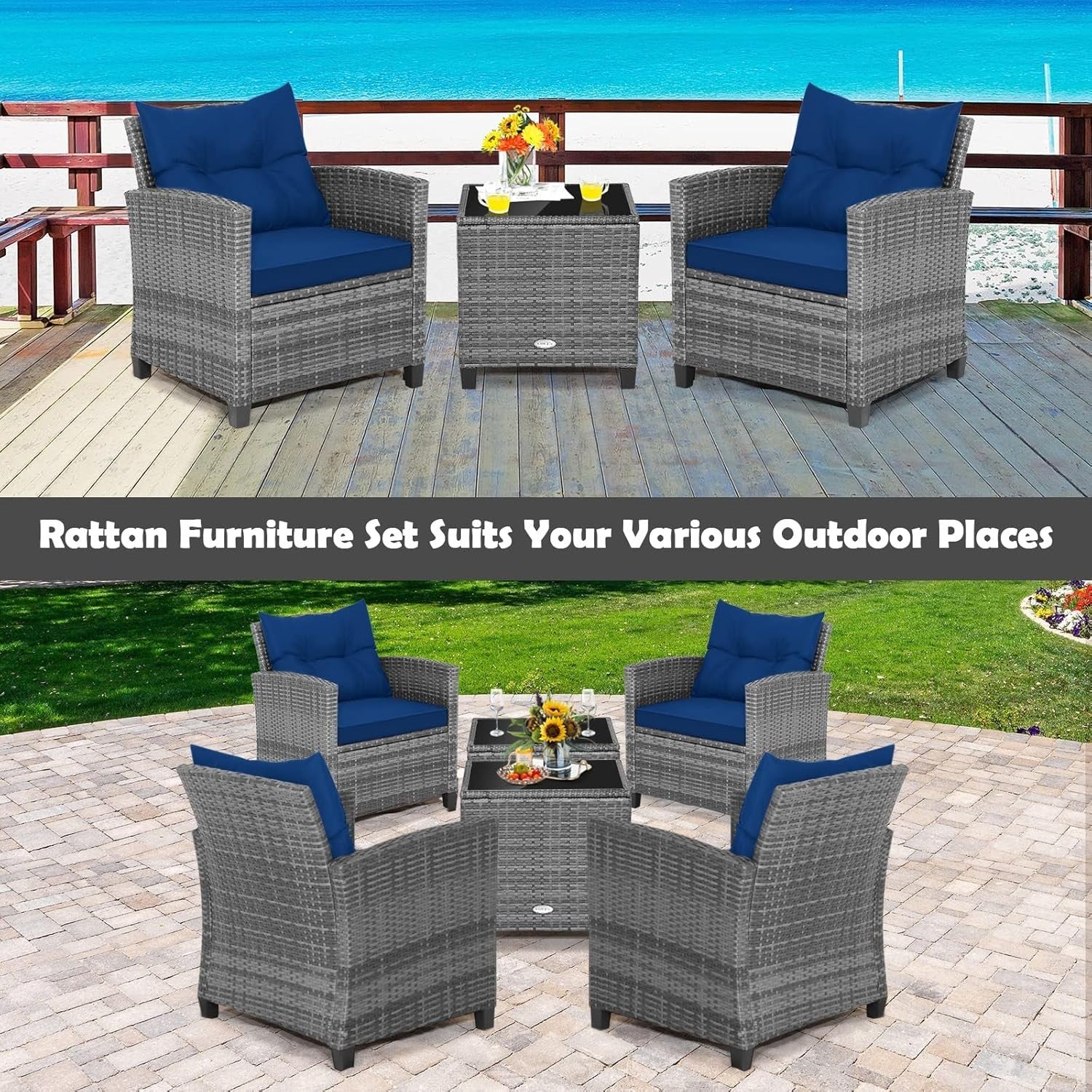 Luxury Rattan Patio Conversation Set Cushioned Chairs Glass Table Garden