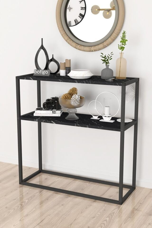 Slim Console Table 90cm with 2 Shelves, Metal Frame, Modern Hallway Storage