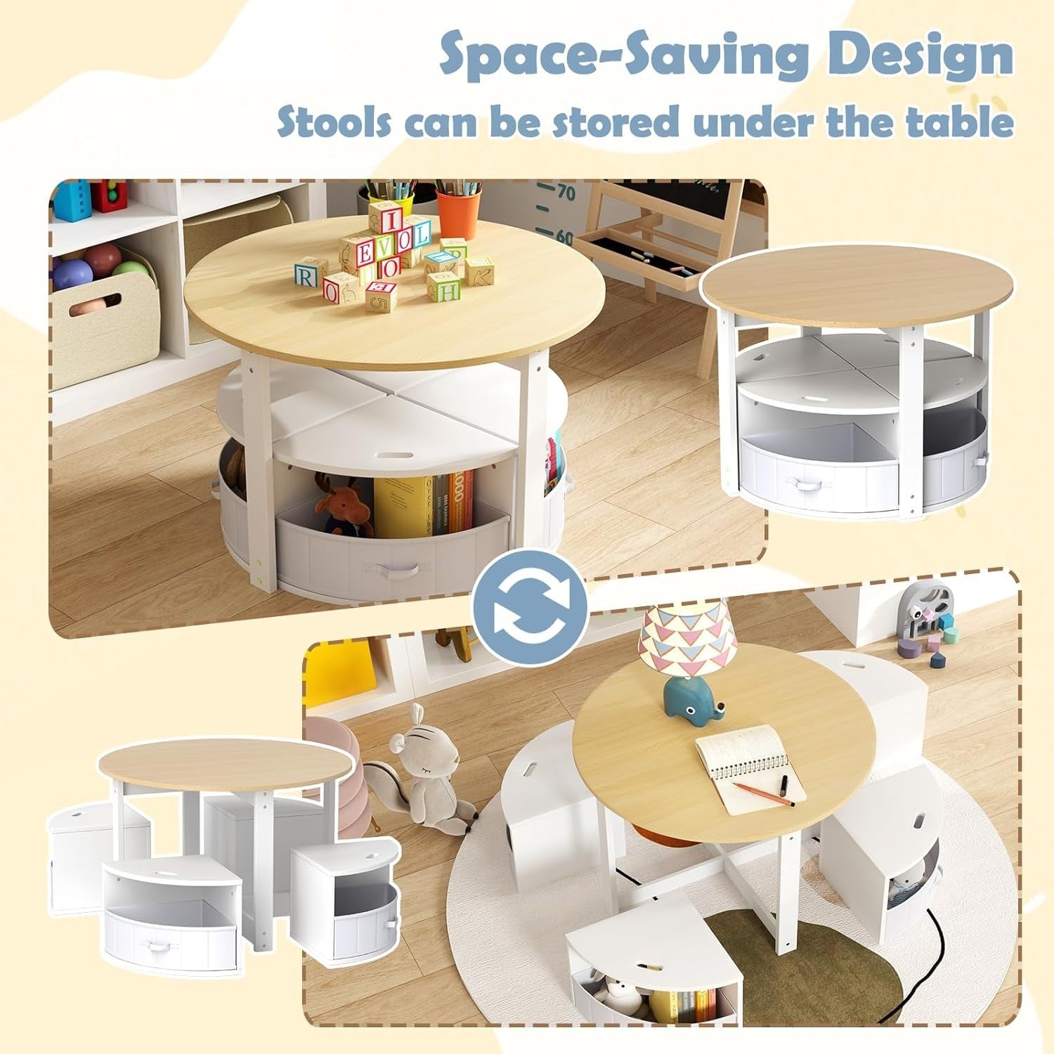 Kids Round Table & 4 Storage Stools Set with Fabric Drawers for Play & Learn