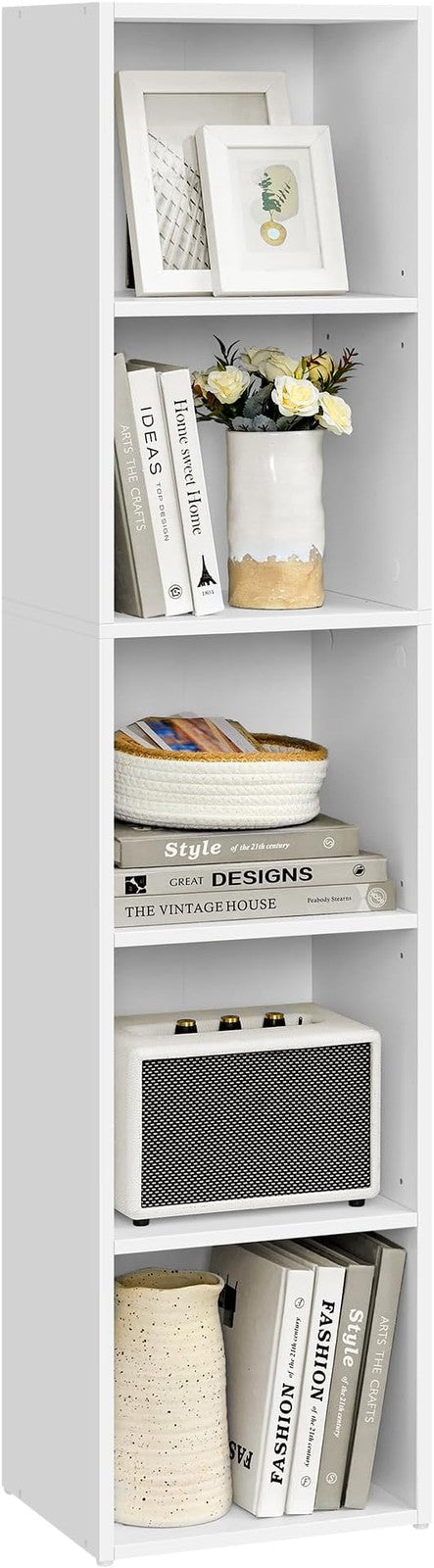 5-Tier White Bookshelf Tall Slim Storage Unit Narrow Shelving for Home Office