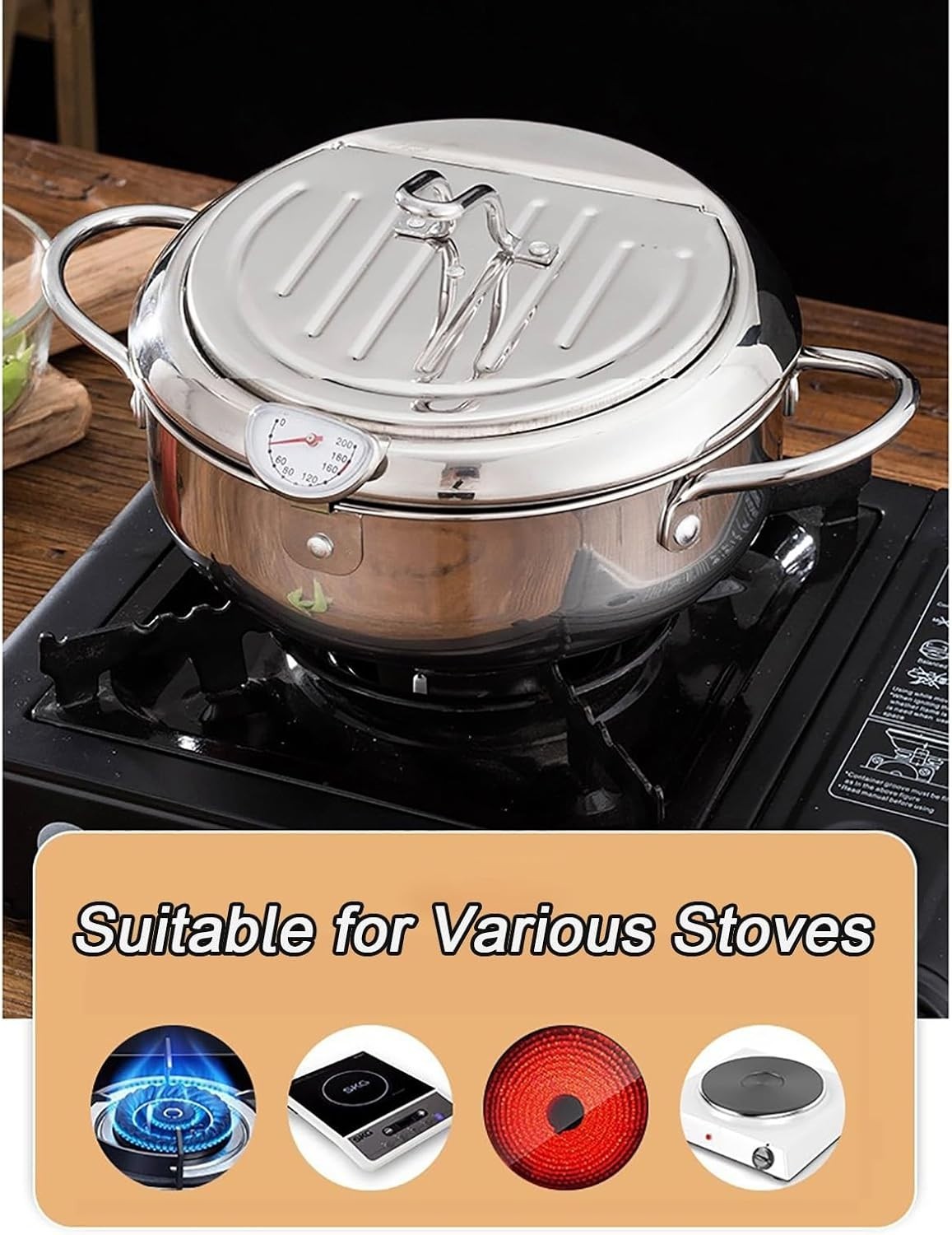 Stainless Steel Tempura Fryer Pot 24.8cm w Thermometer Lid Oil Pour