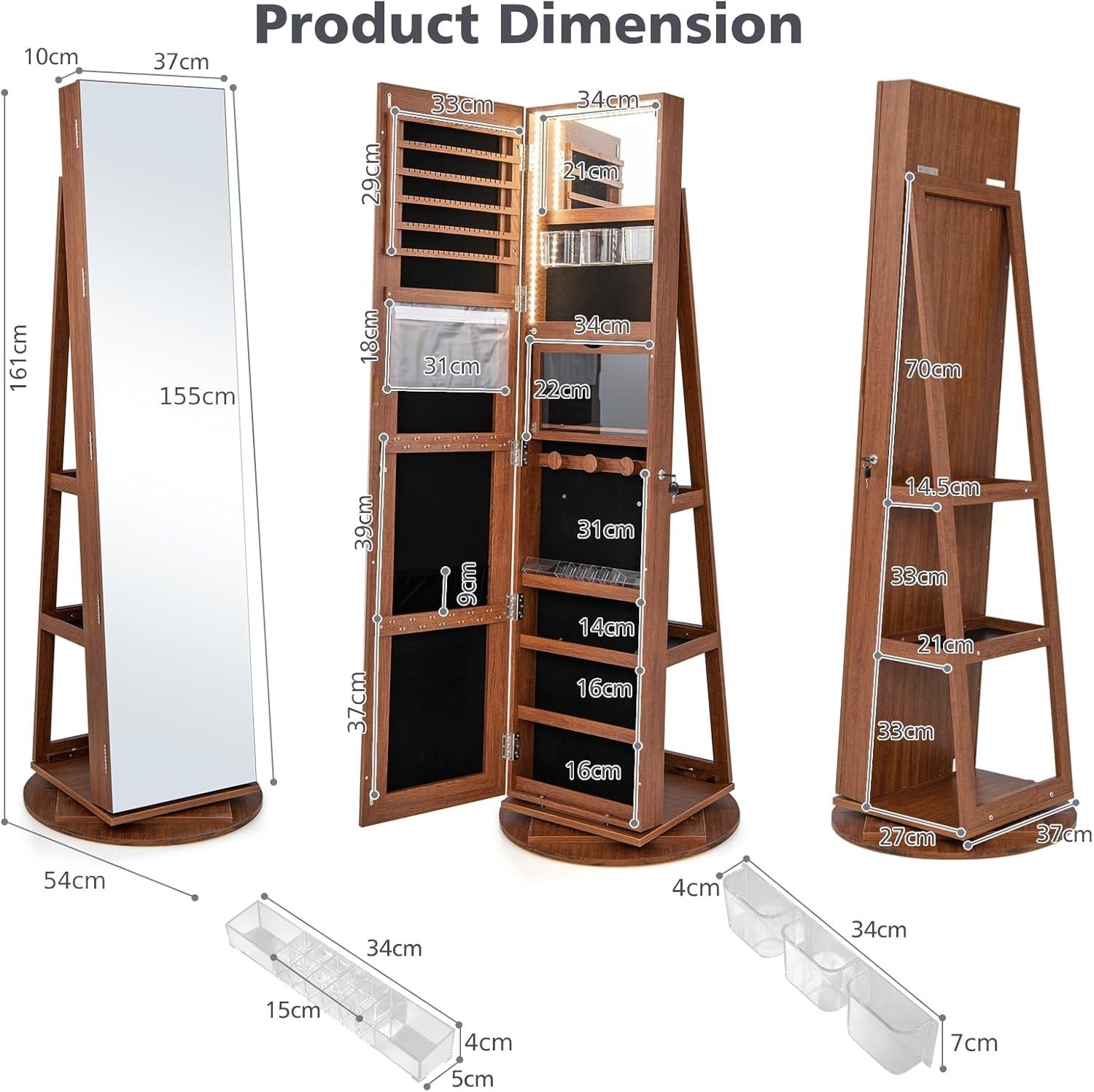 Brown 360° Swivel Jewelry Armoire LED Light Mirror Lockable Cabinet