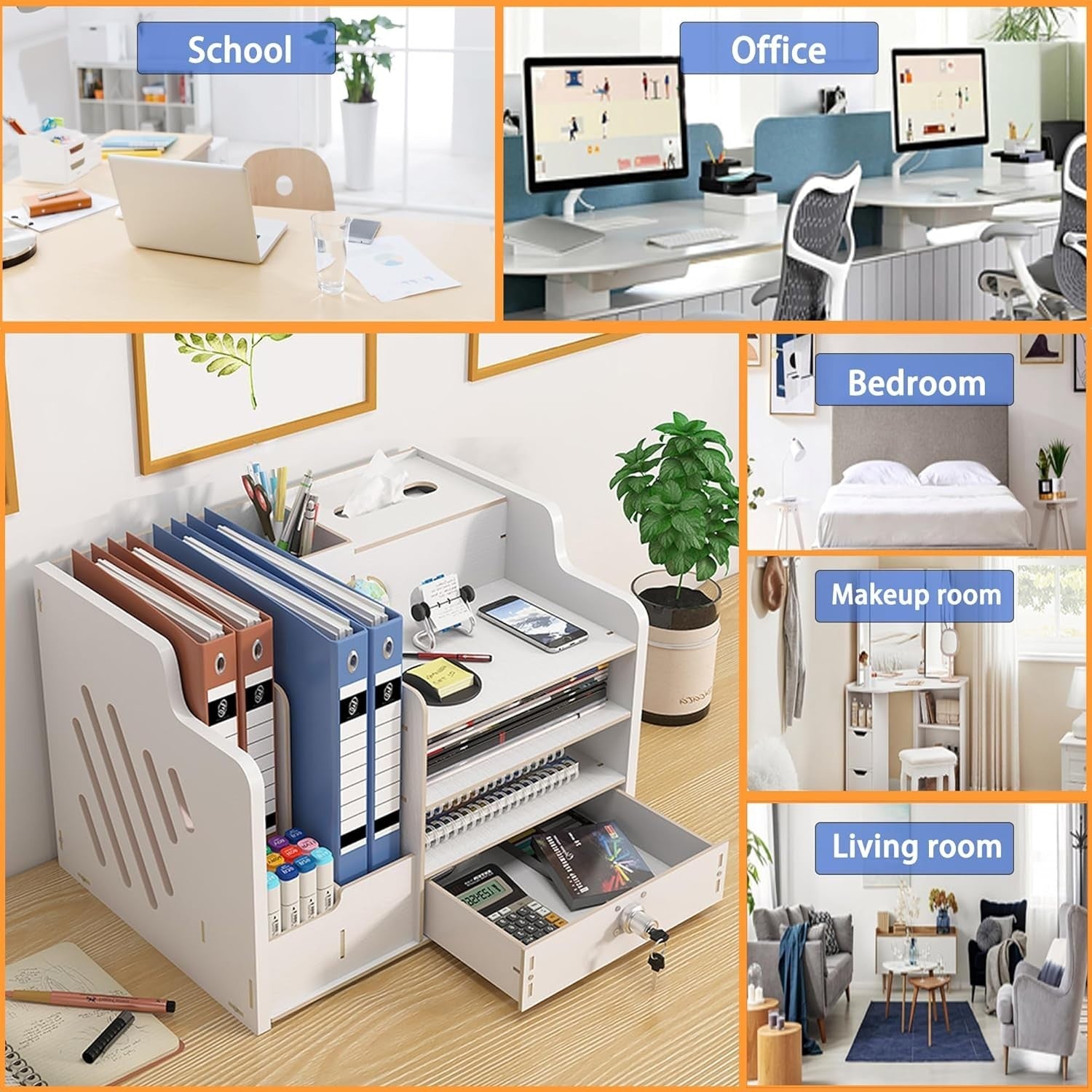 White Desk Organiser with Drawer 9-Compartment Desktop Storage