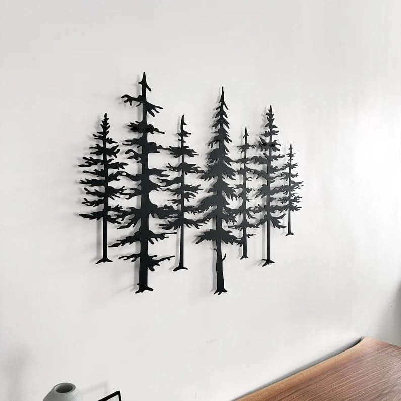 Forest Metal Wall Art Pine Tree Sculpture 60x42cm Black