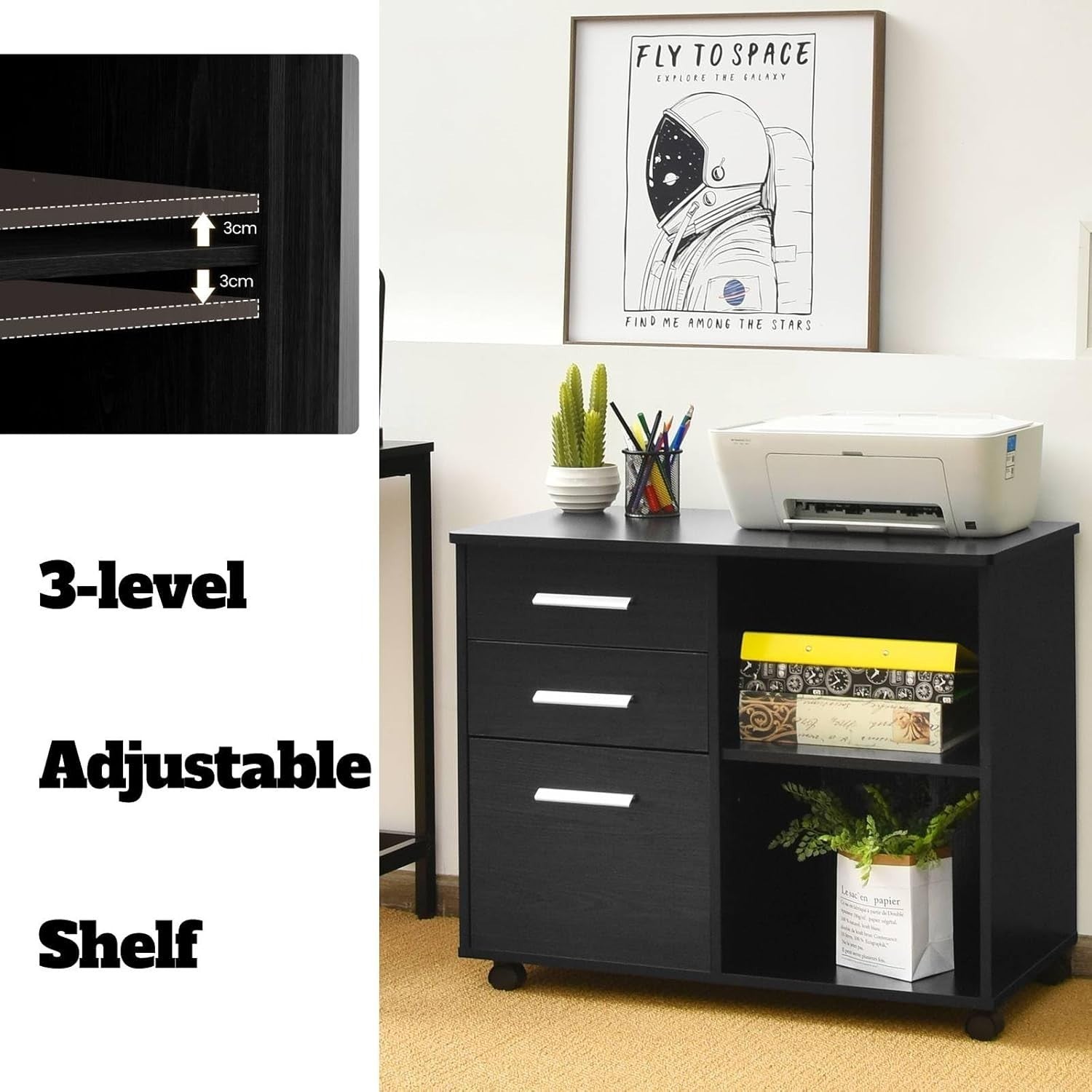 3 Drawer Mobile Filing Cabinet with Shelves Under Desk Office Storage Black