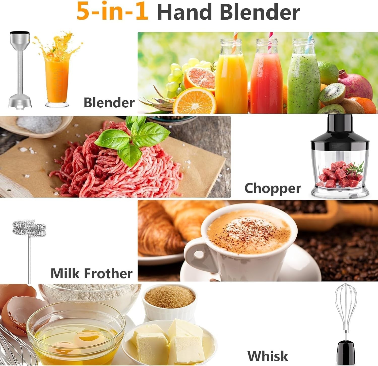 Powerful 5-in-1 Electric Hand Blender with Adjustable Speed & Multi Attachments