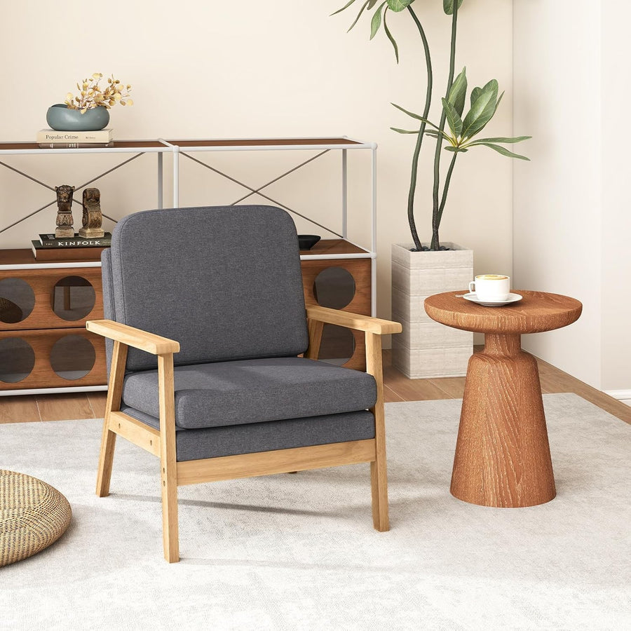 Grey Linen Accent Armchair Thick Cushion Wood Frame