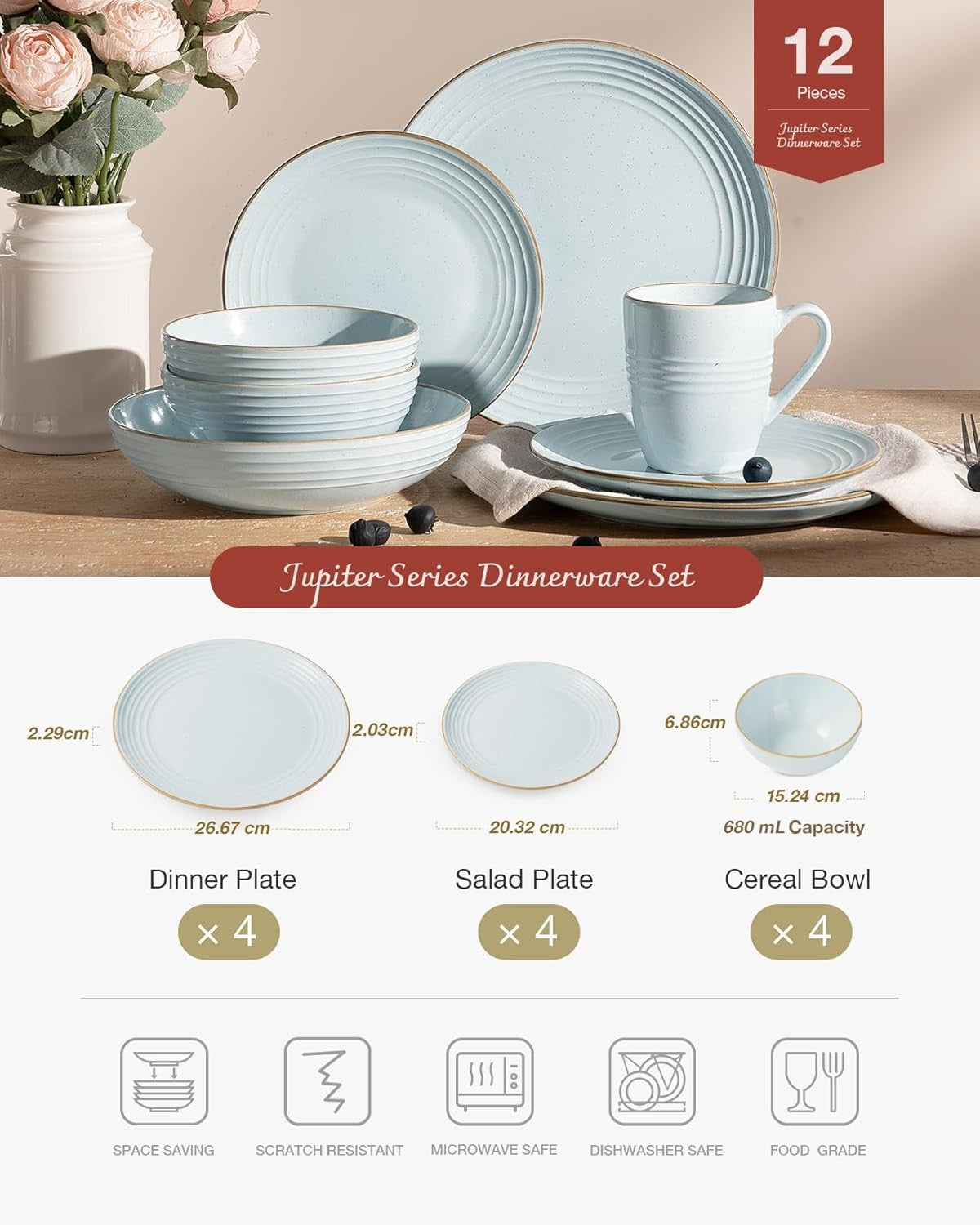 12pc Stoneware Dinner Set Light Blue Gold Rim Plates Bowls Dishwasher Safe