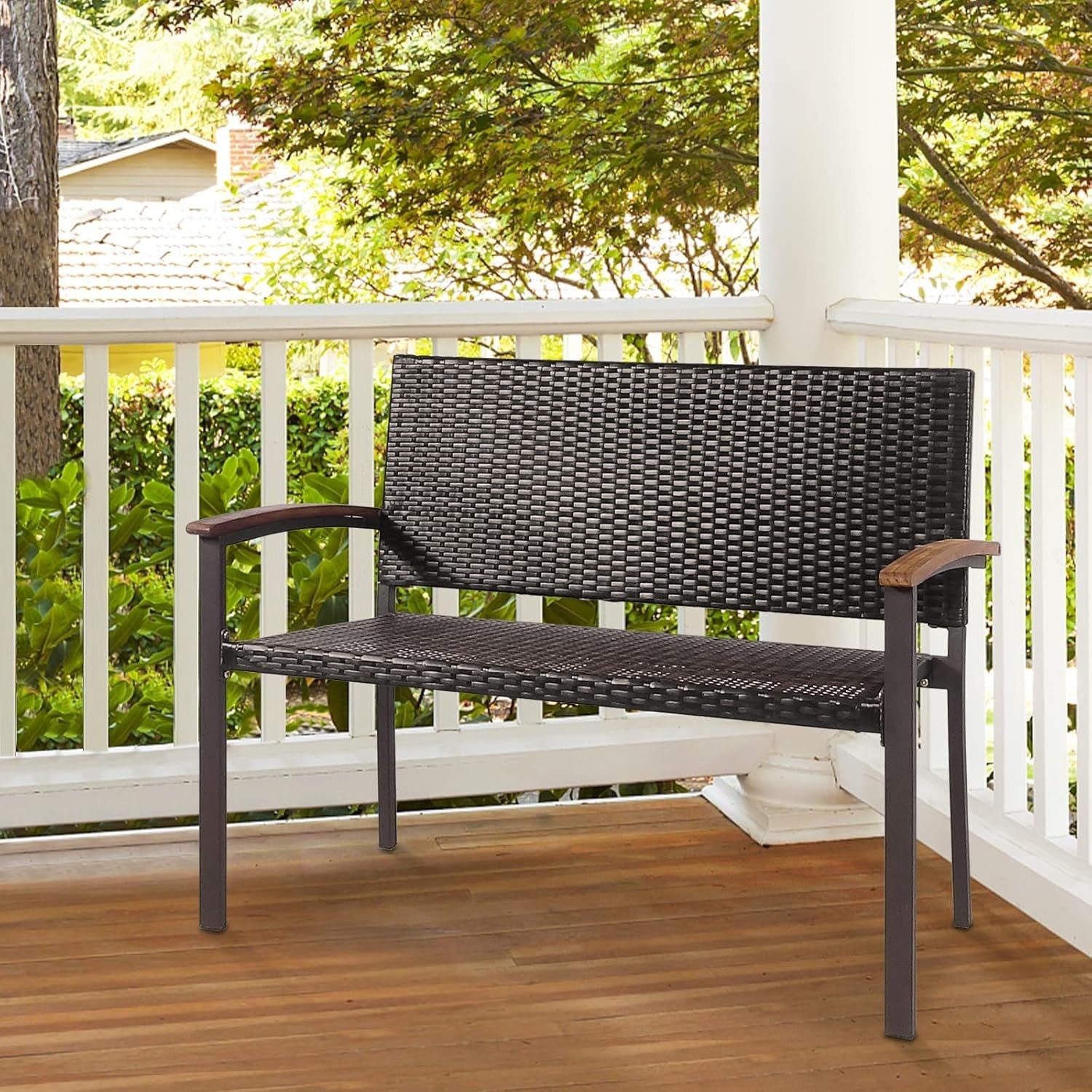 2 Seater Outdoor Rattan Garden Bench with Wood Armrests Patio Seating