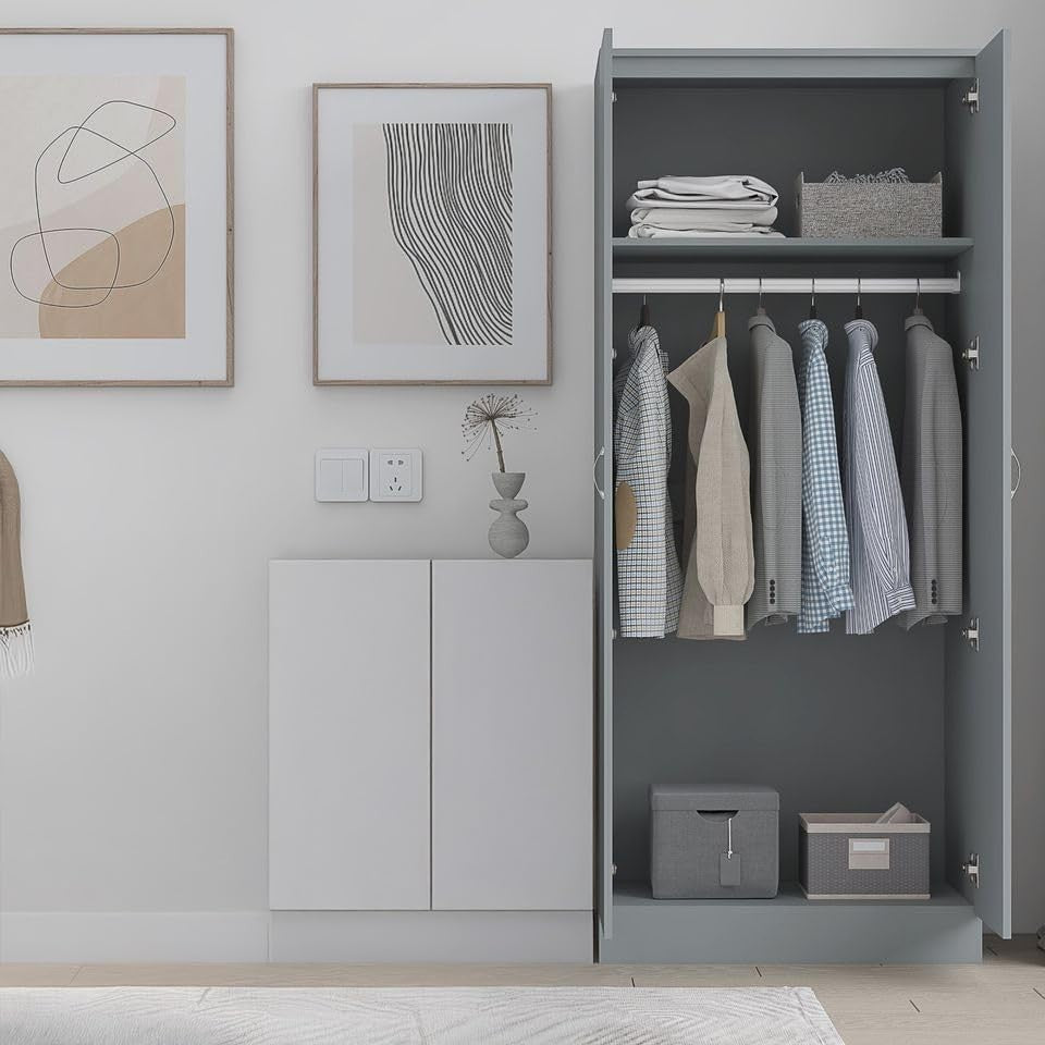 Mirrored 2 Door Soft Close Wardrobe Grey Gloss Bedroom Storage Modern 180cm