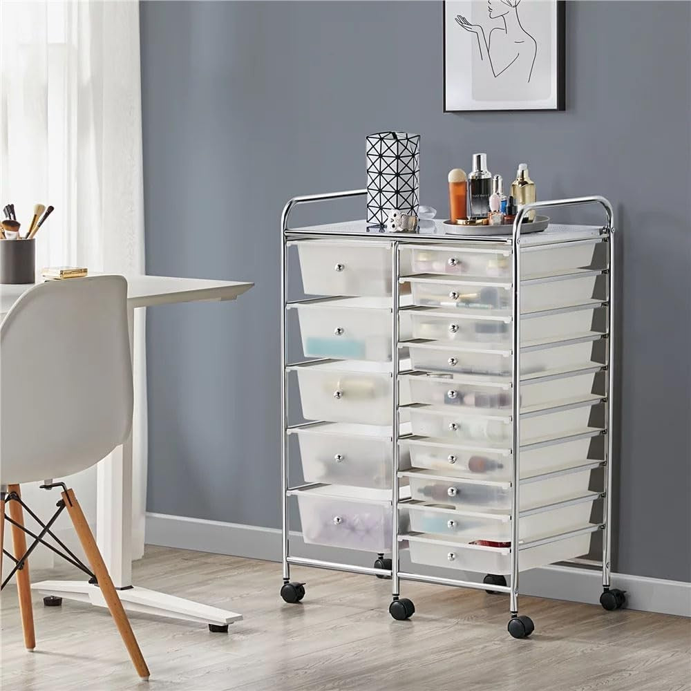 15 Drawer Rolling Storage Trolley White Beauty Office Organizer Cart