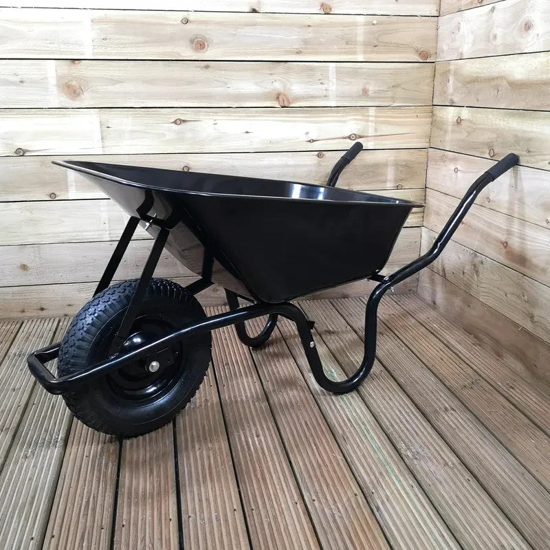 90L Black Metal Wheelbarrow 150kg | Heavy Duty Pneumatic Tyre Trolley