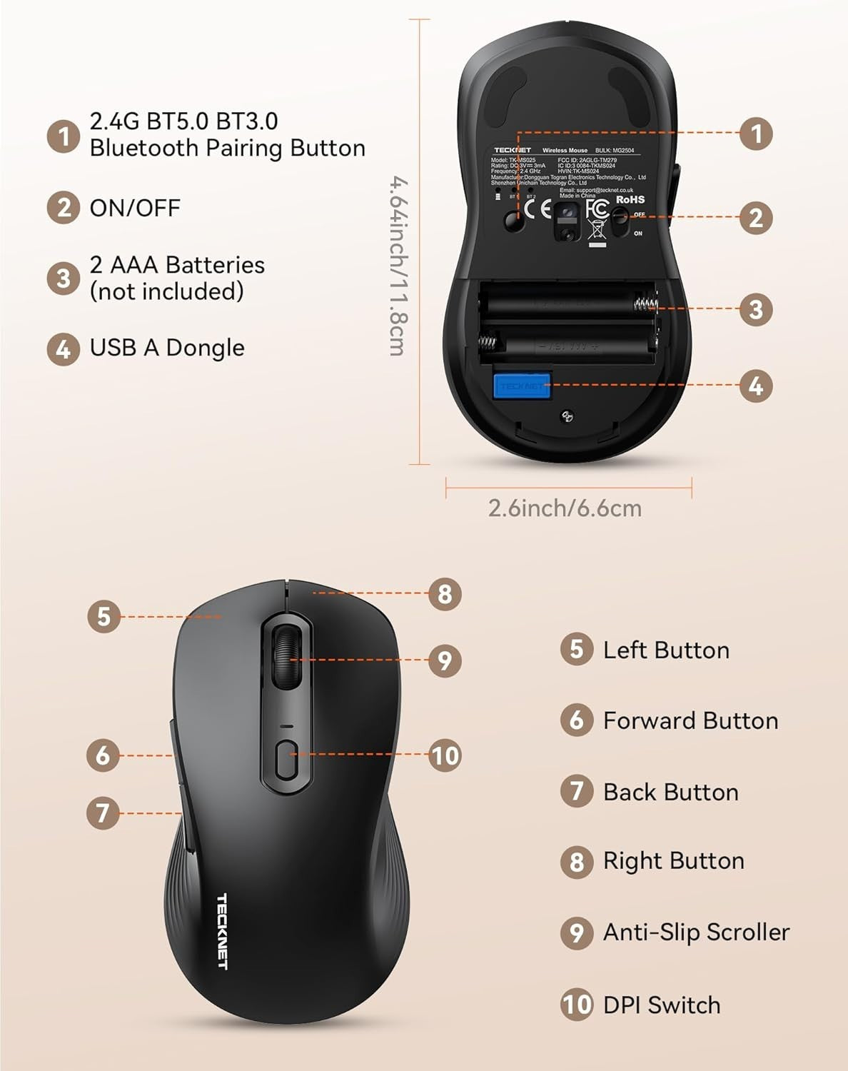 Wireless Silent Mouse Tri-Mode Bluetooth 2.4G USB 4800DPI Laptop PC