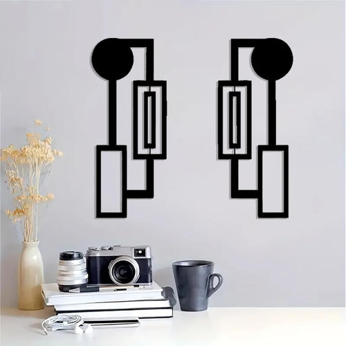 Abstract Metal Wall Art Set 2 Modern Single Line Black Geometric Decor