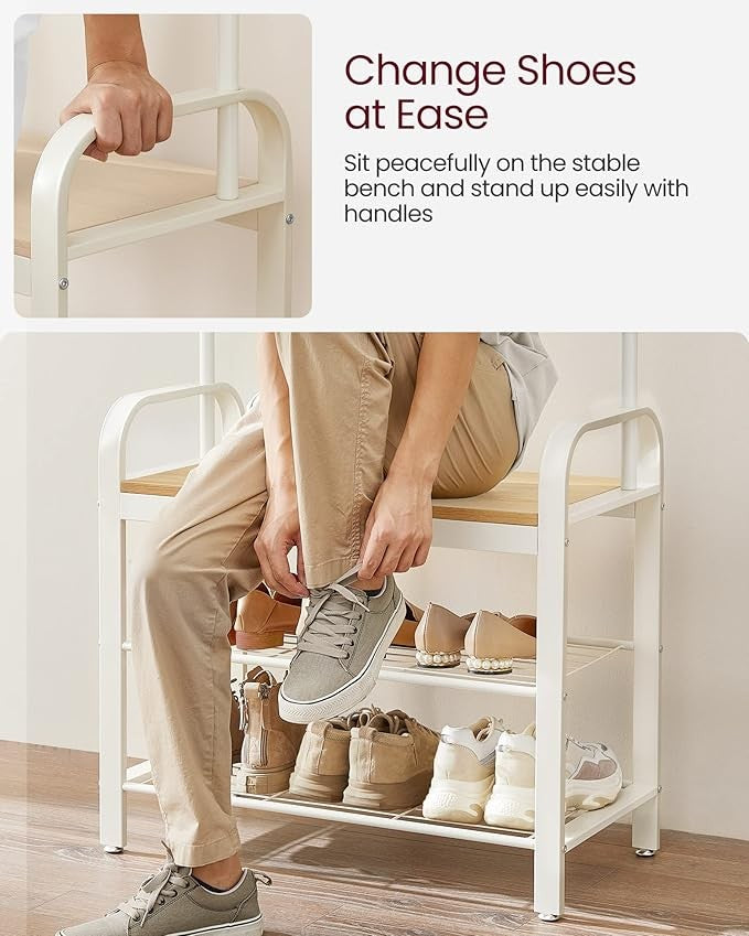 Oak & Cream Coat Rack with Shoe Bench | 4-in-1 Hallway Storage Unit with 9 Hooks