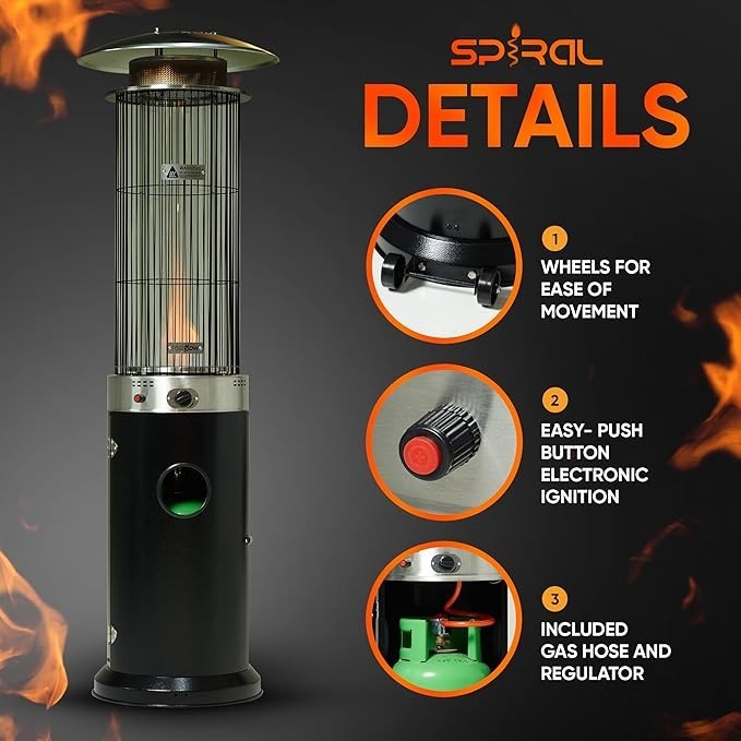 Outdoor Gas Patio Heater 13.5KW Spiral Flame Effect Adjustable Heat & Wheels