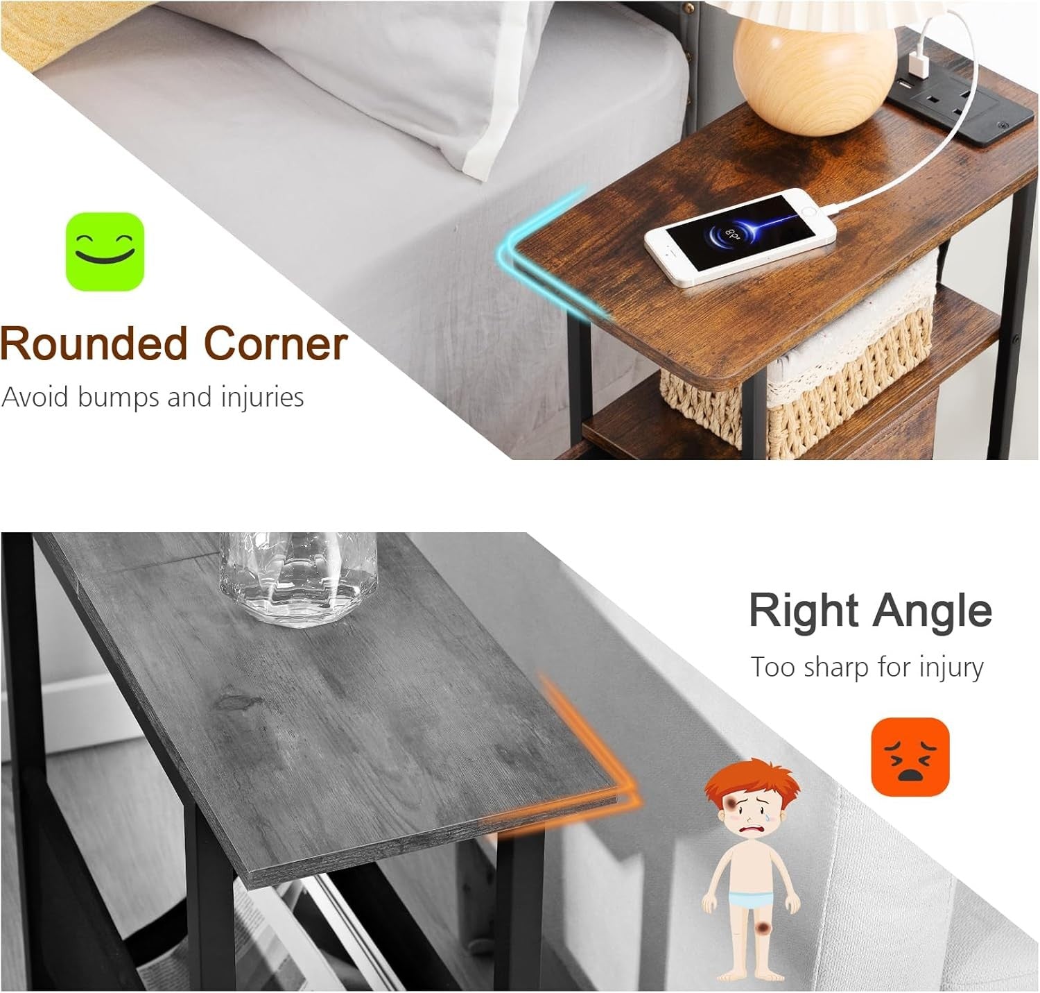 Slim Rustic Bedside Tables Set of 2 with Charging Station & Storage Drawers