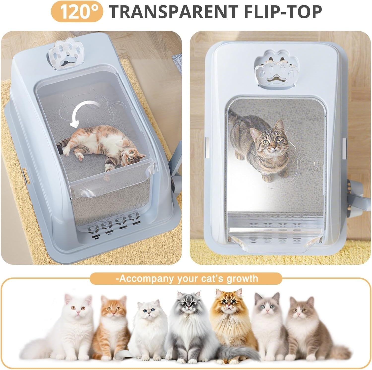XL Stainless Steel Cat Litter Box Clear Lid High Sided Grey Tray