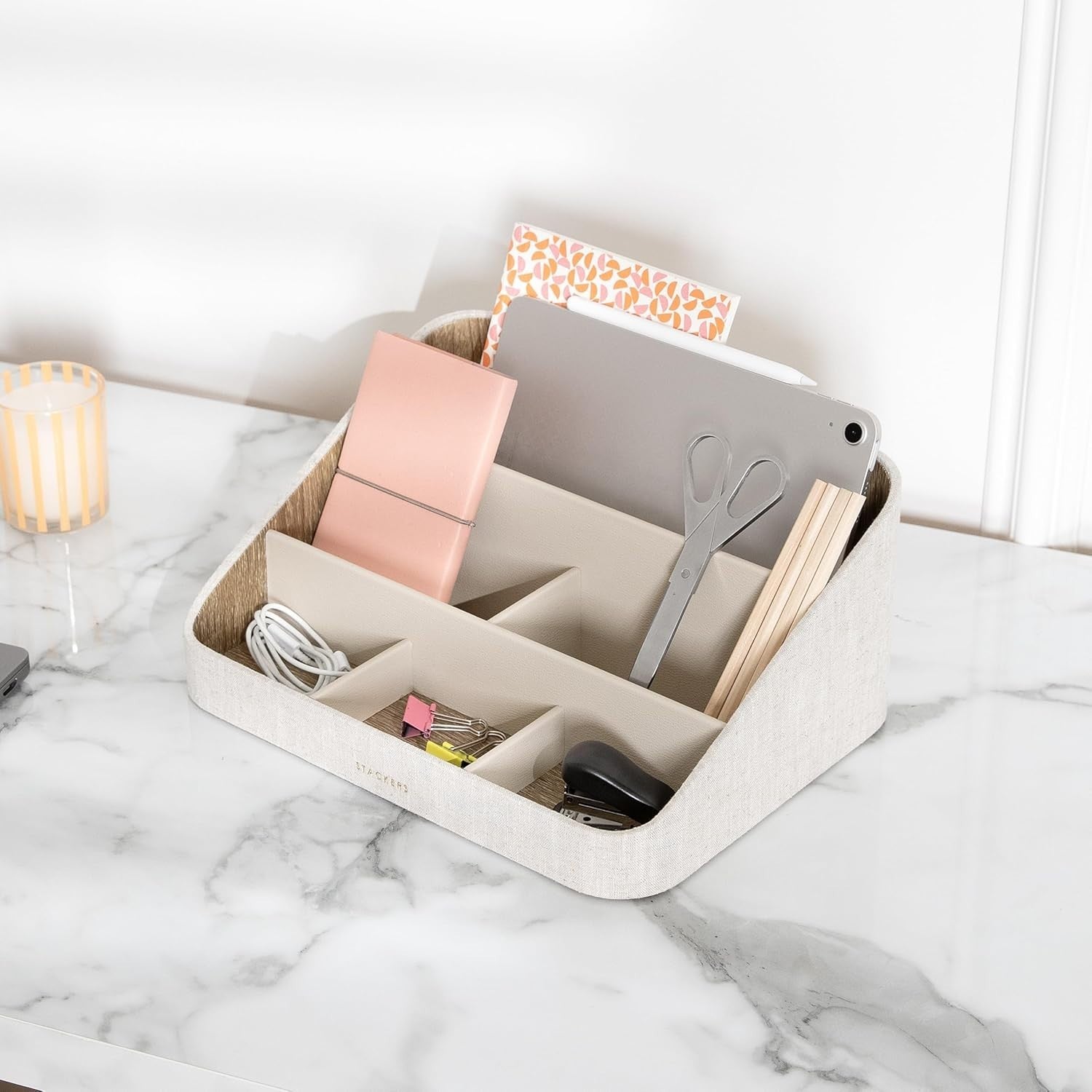 Desk Organiser 2-Tier PU & Linen Storage Box for Stationery & Office